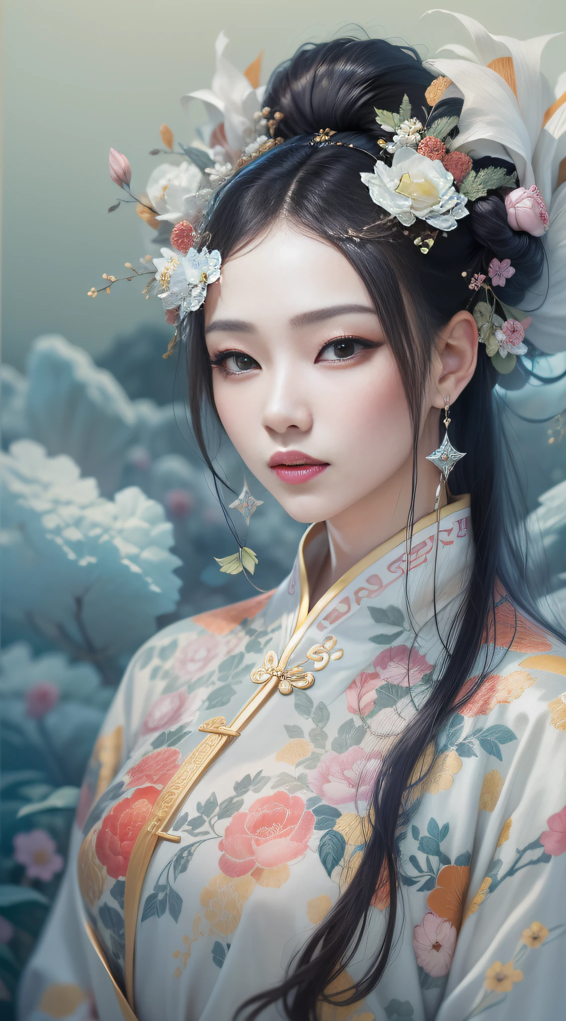 Exquisite and exquisite Chinese beauty，with short black hair，naturally straight hair，Superb sophistication，Good facial features，Peerless beauty，softness，dreamlike quality，Reallightandshadow，Ultra-fine brunette hair，Wear an ice flower dress，She wears a beautiful hair ornament on her head，Delicate melon seed face，Delicate skin，frontage，with blue sky and white clouds，Cover of a，zoom，Collar，Hyper-detailed painting，with light glowing，Natural soft light，复杂，4K，Naturally moving，Realistic，超高分辨率