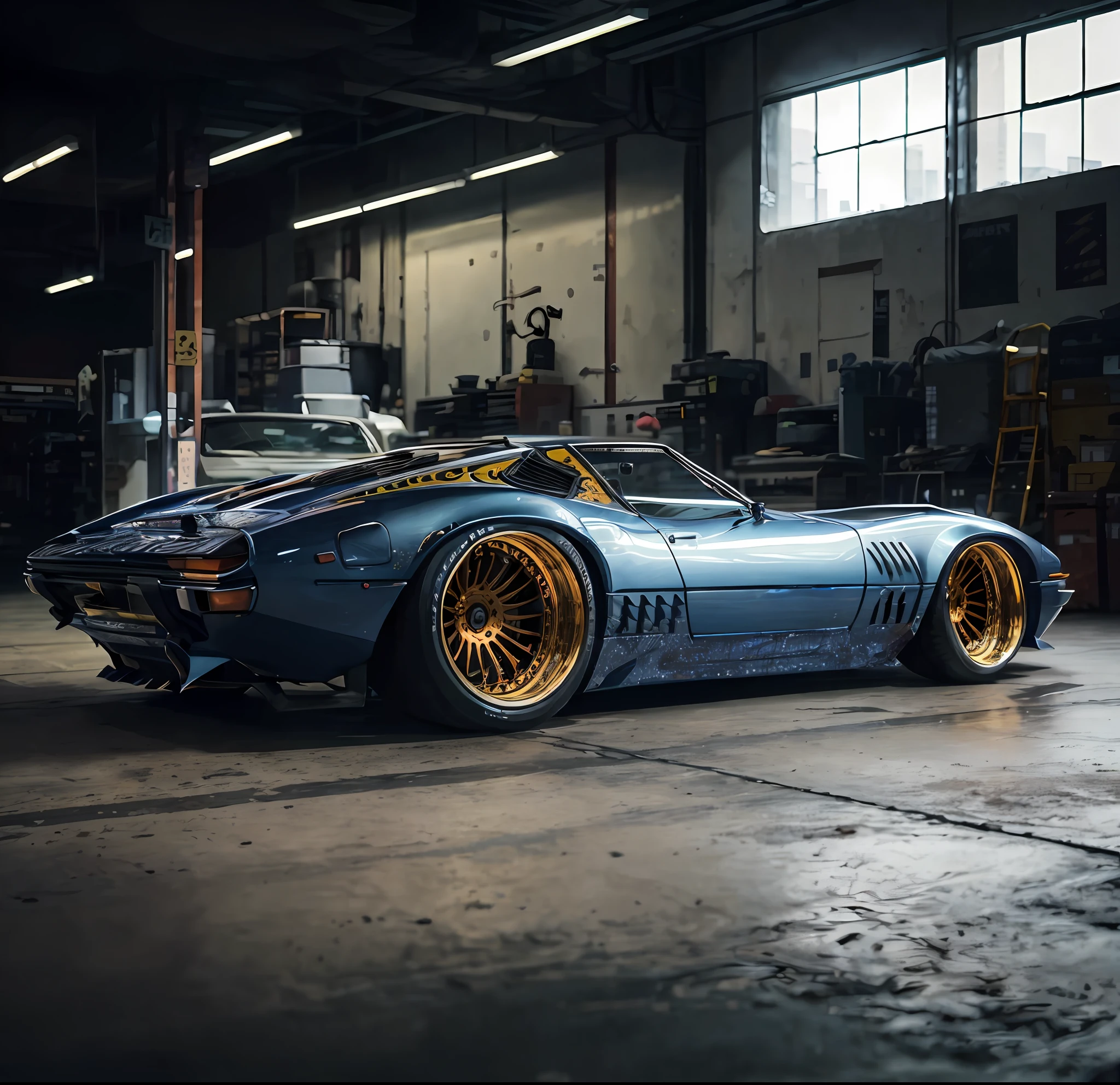 Reverse wave. City, 1969 Nissan S30, wide-body kit, road, purple neon, sun, close-up
(masterpiece, detailed, high resolution),