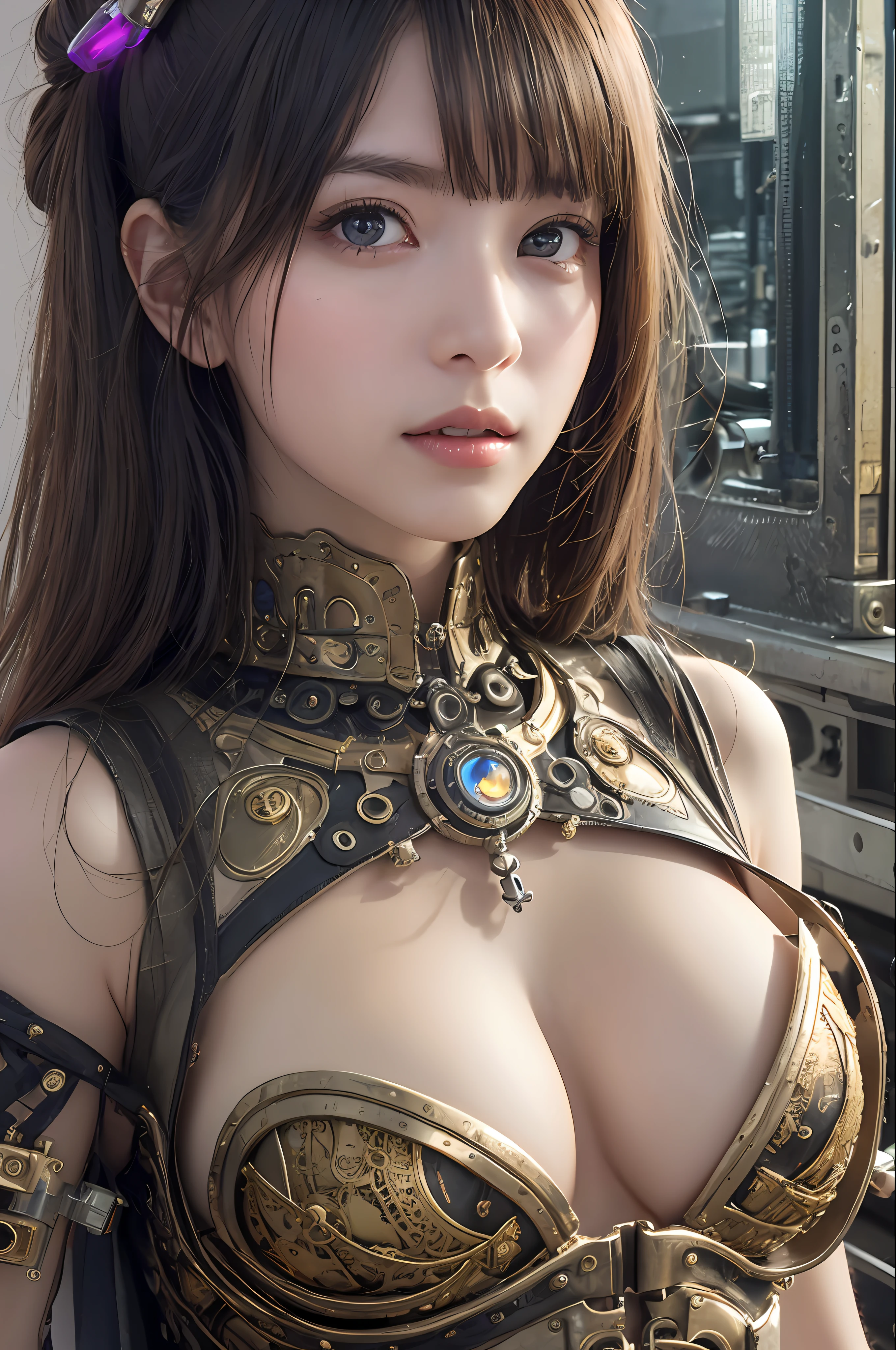 top-quality、masterpiece、超A high resolution、(Photorealsitic:1.4)、Raw photo、Black hair、glowy skin、1 Mechanical Girl、((super realistic details))、portlate、Global Illumination、Shadow、octan render、8K、ultrasharp、Colossal tits、Raw skin is exposed in cleavage、Steampunk Girl、metals、Details of complex ornaments、Gothloli details、Analog Meter、gear、screw、Golden hydraulic cylinder、highly intricate detail、Realistic light、CGSoation Trends、a purple eye、radiant eyes、Facing the camera、neon details、Mechanical limbs、blood vessels connected to tubes、Mechanical vertebrae attached to the back、mechanical cervical attaching to neck、sitting on、Wires and cables connecting to the head、Small LED lamp、The background is steampunk city、