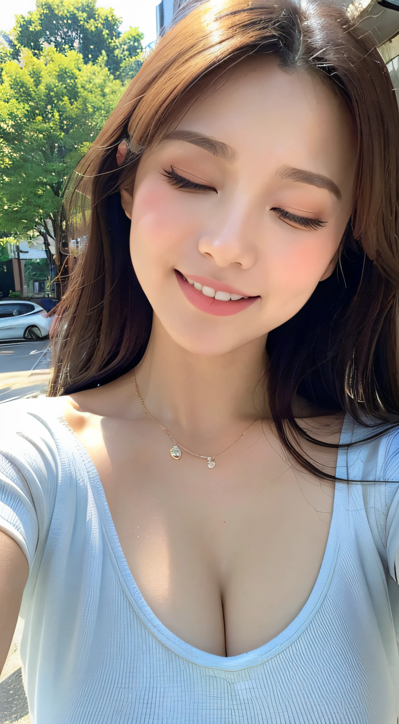 ((Top image quality、8K、masterpiece:1.3))、The upper part of the body(1.3)、爆乳(5)、Excellent style、Gentle face、Parallel eyebrows、A smile、natural make up、Clothing that emphasizes cleavage、During your morning commute、Refreshing、The tree々Cafe from between、((Closed eyes))、Give me a kiss、Angle from above