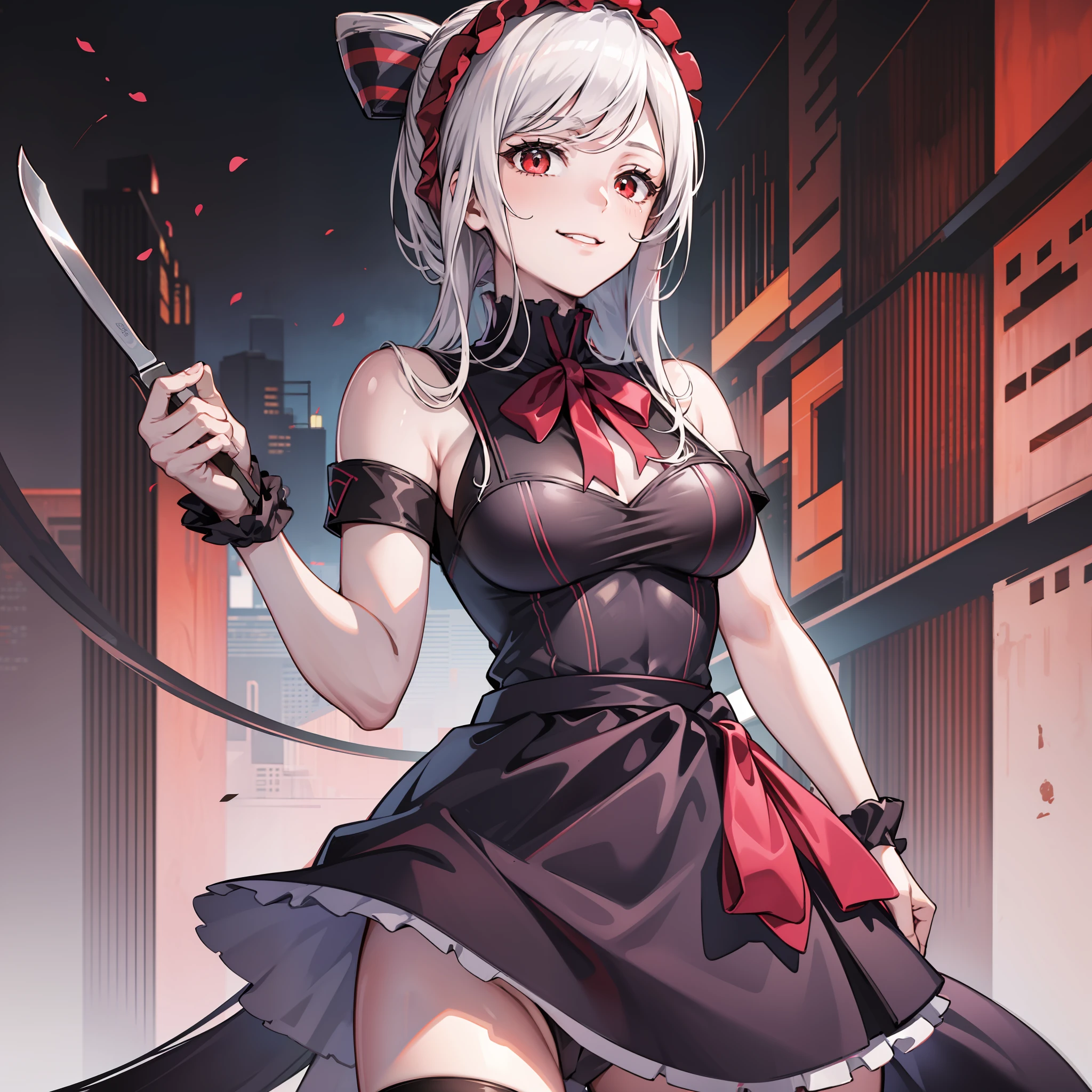 Ultra-clear image quality,8K quality,schoolgirls,with short white hair,Brunette with bow,Red and black dress,The skirt at the front is short,Long back,Grind neck collar,Chest cutout,black lence stockings,Evil smile,Fruit knife in hand,Ultra-detailed details,light and shadow effect,Muscle lines are pronounced