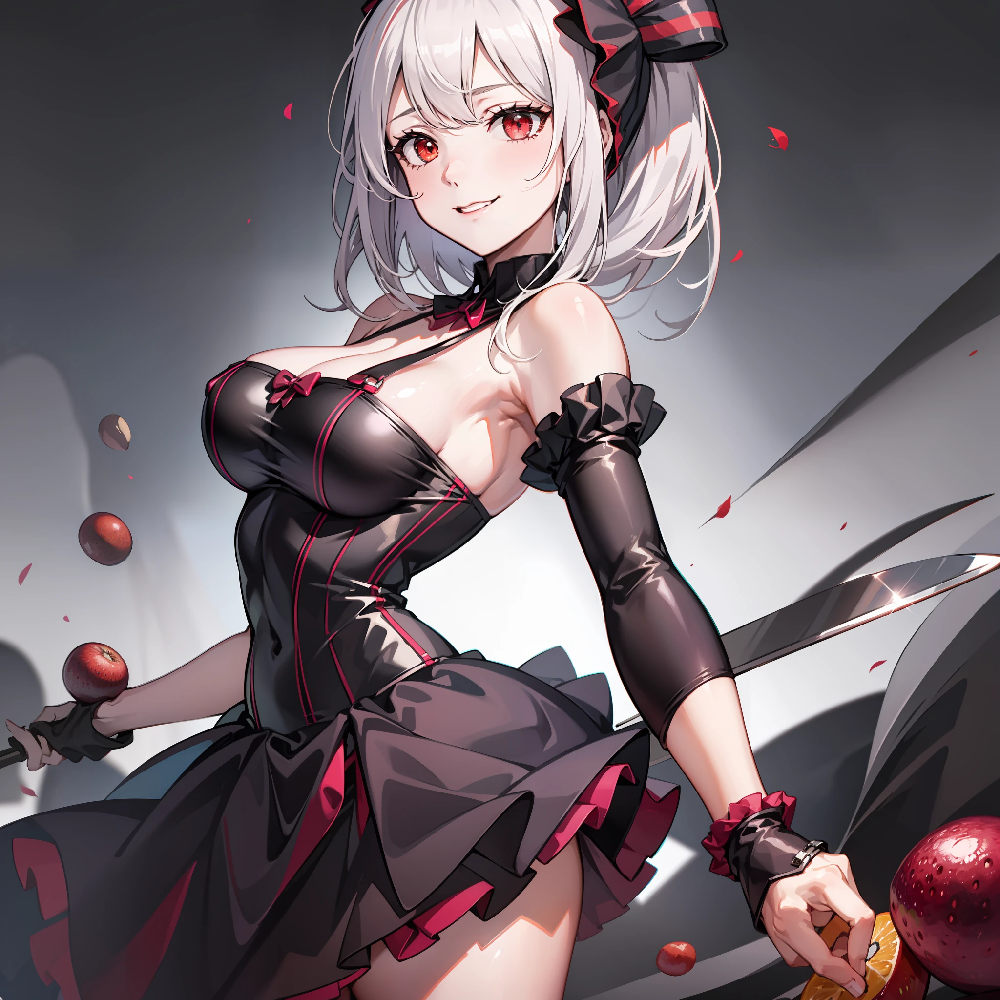 Ultra-clear image quality，8K quality，schoolgirls，with short white hair，Brunette with bow，Red and black dress，The skirt at the front is short，Long back，Grind neck collar，Chest cutout，black lence stockings，Evil smile，Fruit knife in hand，Ultra-detailed details，light and shadow effect，Muscle lines are pronounced
