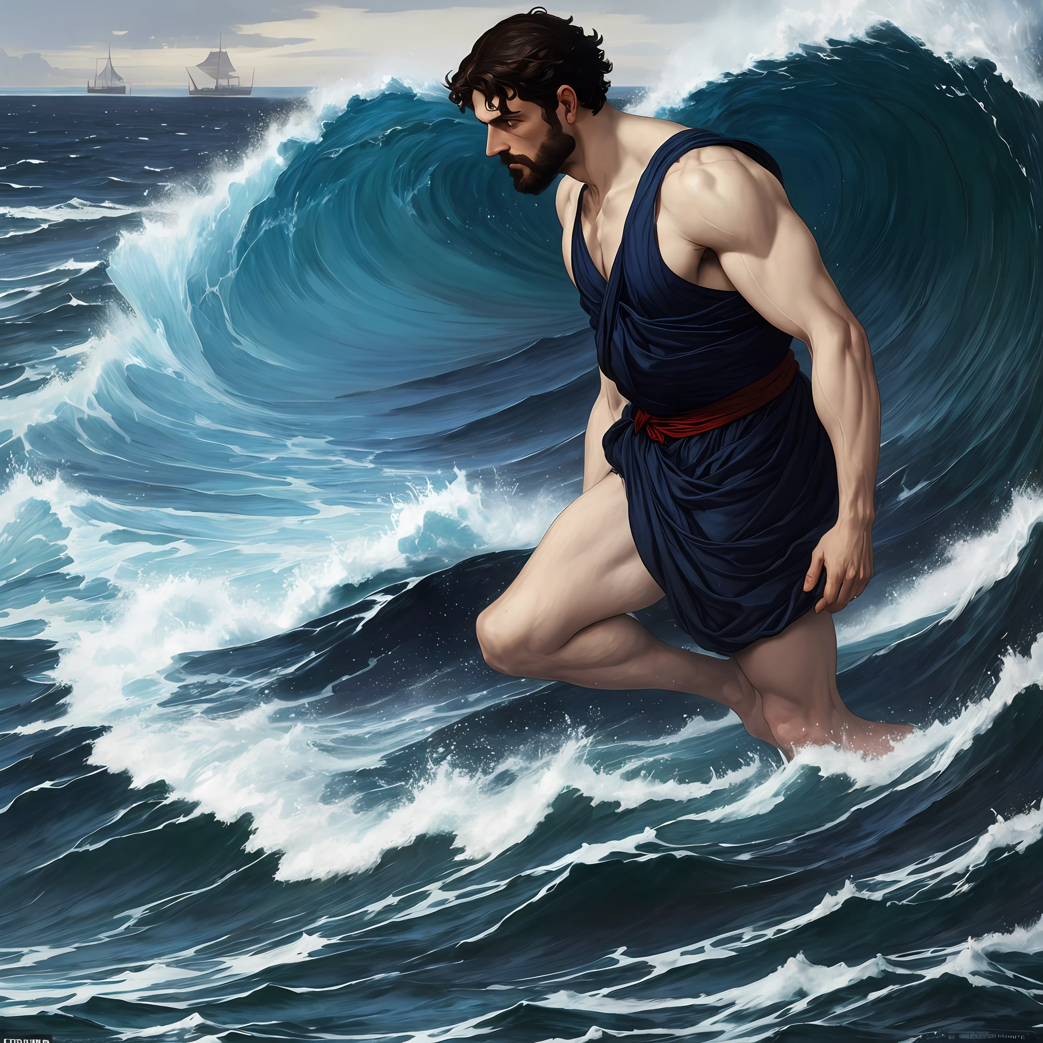 dramatic scene of a man wading through waist-high waters his expression filled with sorrow and uncertainty his hand reaching out toward the camera, a giant mariner blue colored wave rising behind him, masterpiece painting by Alfred Guillou, art by Caravaggio, outstanding composition, sorrow mood, great color --auto