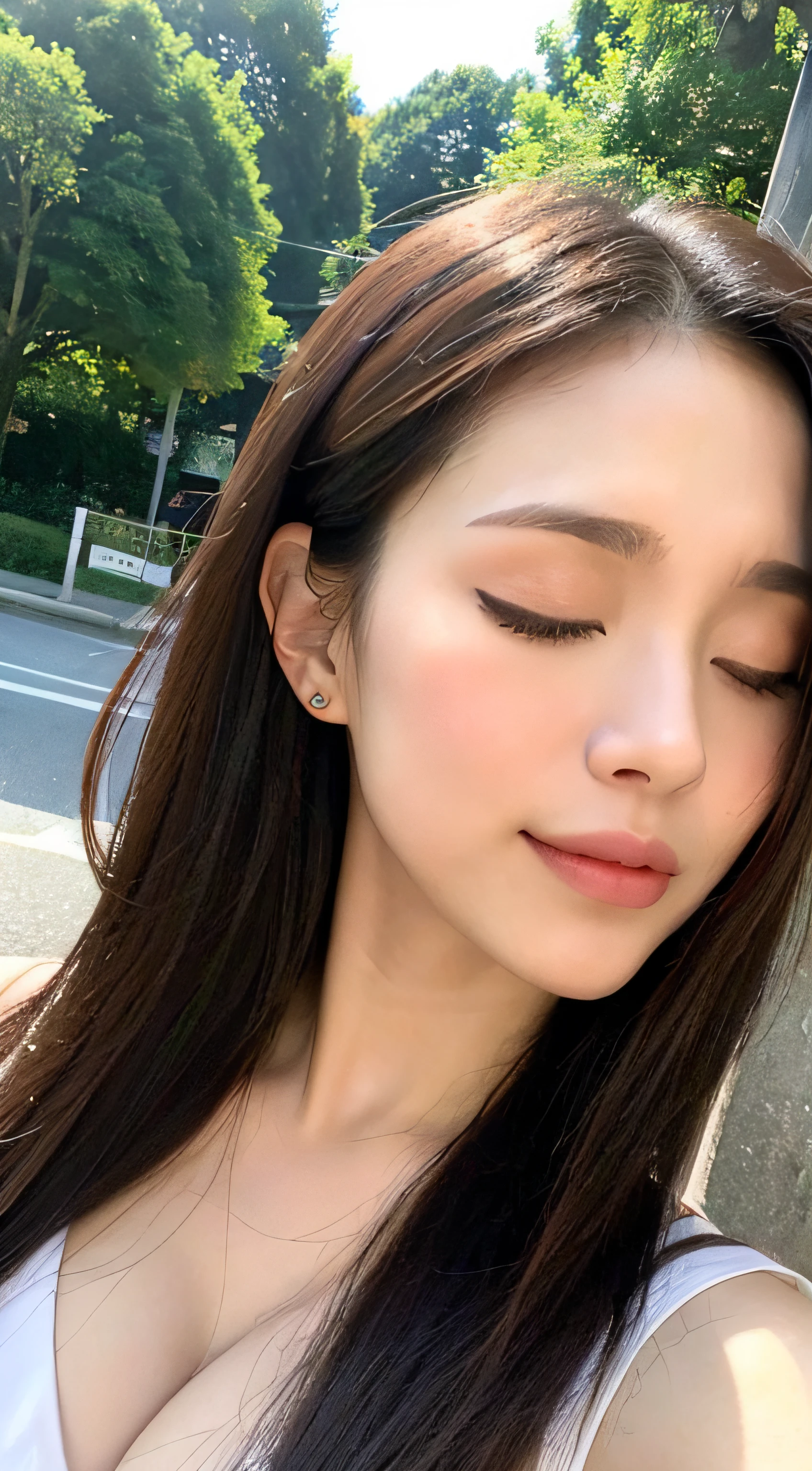 ((Top image quality、8K、masterpiece:1.3))、The upper part of the body(1.3)、爆乳(5)、Excellent style、Gentle face、Parallel eyebrows、A smile、natural make up、Clothing that emphasizes cleavage、During your morning commute、Refreshing、The tree々Cafe from between、Turn your face up、((Closed eyes))、Give me a kiss