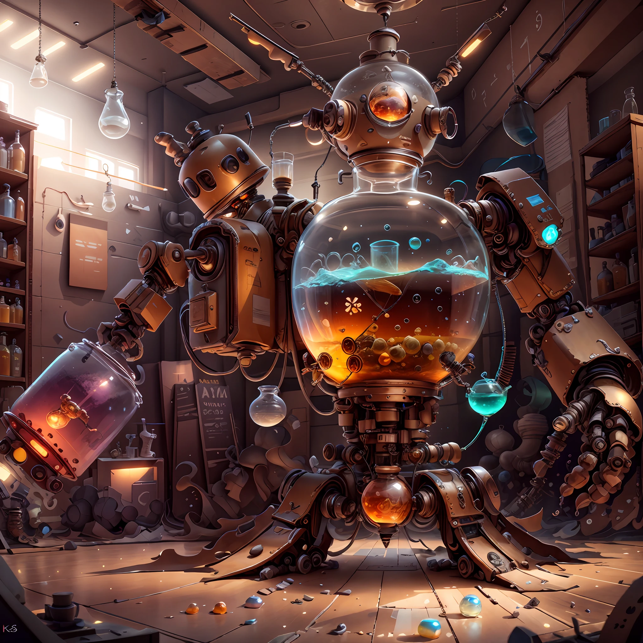 there is a robot that is standing in a room with a fish bowl, fantasy alchemist laboratory, rolands zilvinskis 3d render art, 3 d render beeple, 4k highly detailed digital art, futuristic chemistry lab, cute elaborate epic robot, 3d render digital art, 3 d epic illustrations, 3 d render stylized, in a steampunk laboratory hand raised