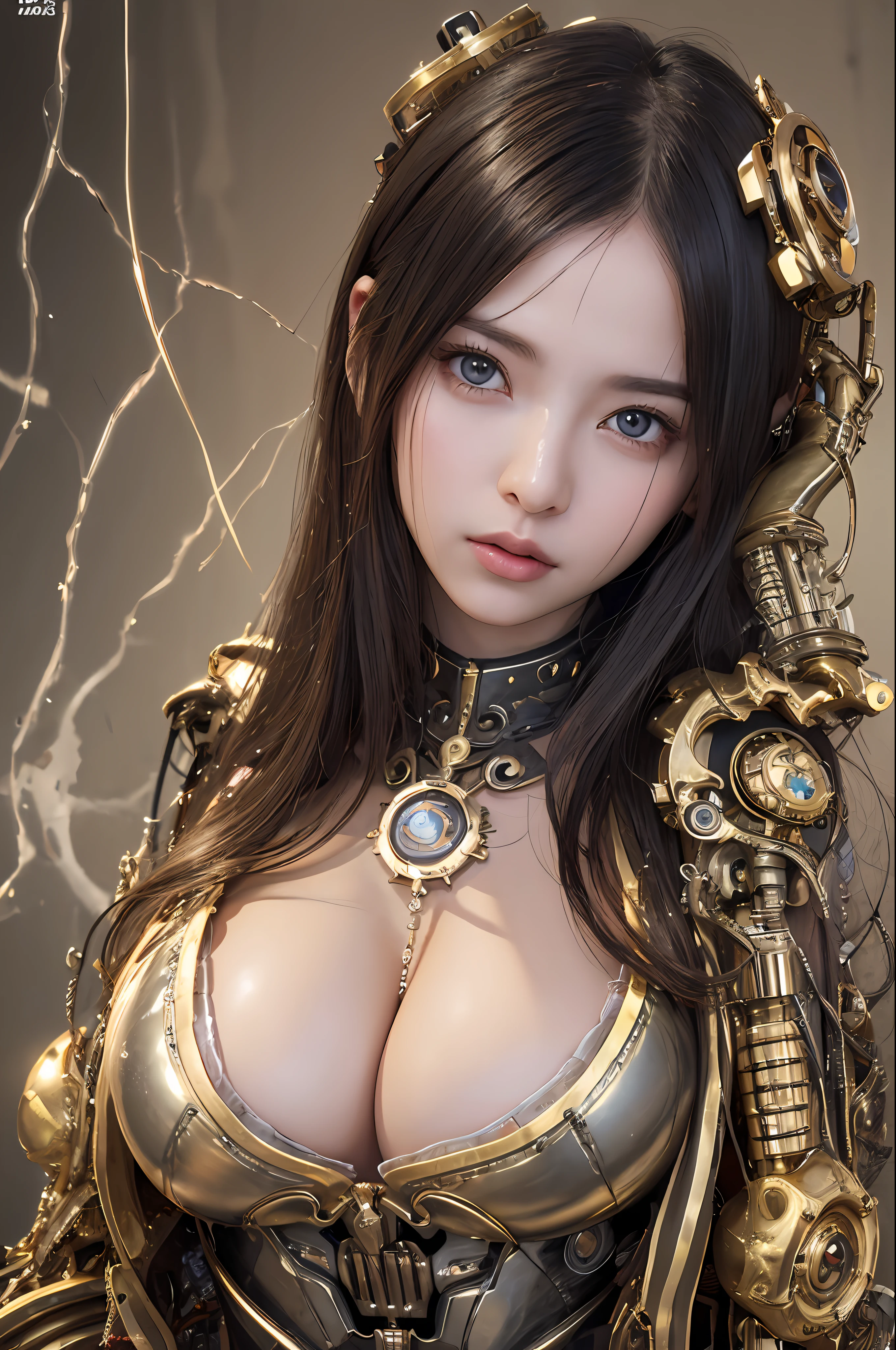 top-quality、masterpiece、超A high resolution、(Photorealsitic:1.4)、Raw photo、Black hair、glowy skin、1 Mechanical Girl、((super realistic details))、portlate、Global Illumination、Shadow、octan render、8K、ultrasharp、Colossal tits、Raw skin is exposed in cleavage、Steampunk Girl、metals、Details of complex ornaments、Gothloli details、Analog Meter、gear、screw、Golden hydraulic cylinder、highly intricate detail、Realistic light、CGSoation Trends、a purple eye、radiant eyes、Facing the camera、neon details、Mechanical limbs、blood vessels connected to tubes、Mechanical vertebrae attached to the back、mechanical cervical attaching to neck、sitting on、Wires and cables connecting to the head、Small LED lamp、The background is steampunk city、