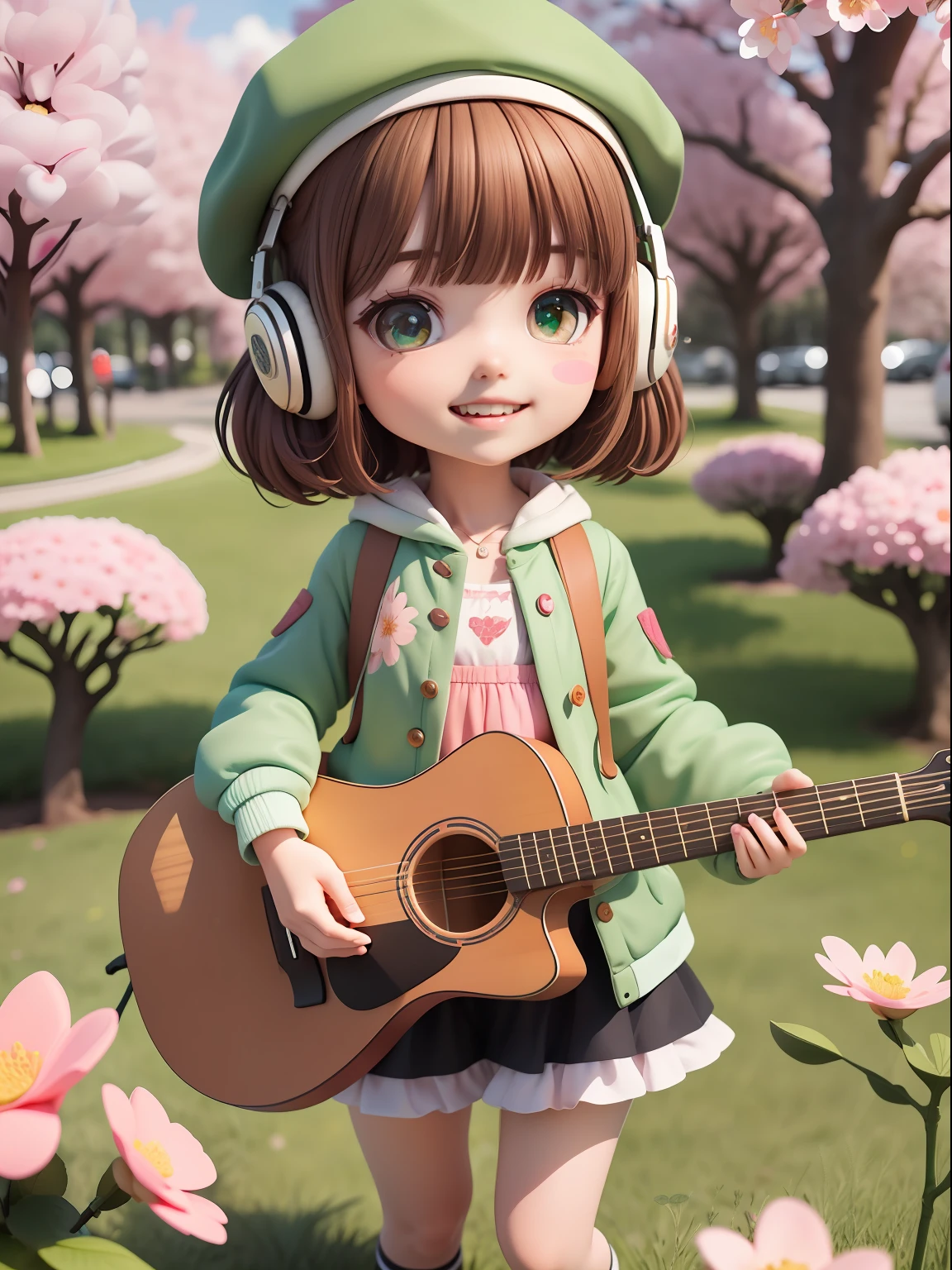 (masterpiece),(best quality),(ultra-detailed), (full body:1.2),
1girl,chibi,cute, smile, open mouth,
flower, outdoors, playing guitar, music, beret, holding guitar, jacket, blush, tree, :3, shirt, short hair, cherry blossoms, green headwear, blurry, brown hair, blush stickers, long sleeves, bangs, headphones, black hair, pink flower,
(beautiful detailed face), (beautiful detailed eyes),