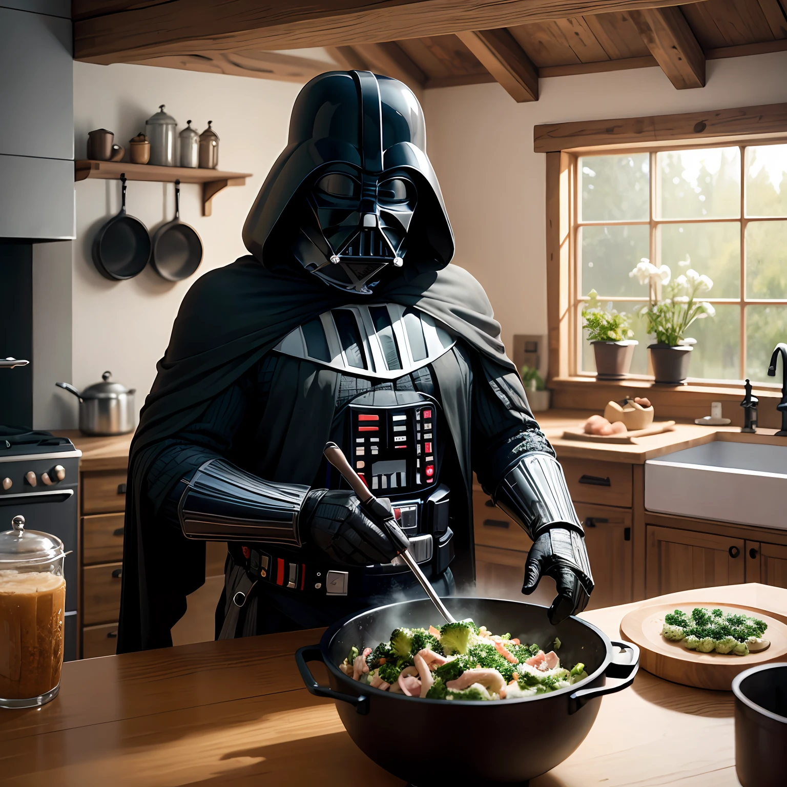 Highly detailed photo of Darth Vader in a rustic kitchen cooking broccoli salad, melhor qualidade, realista, rustic kitchen in the play --auto