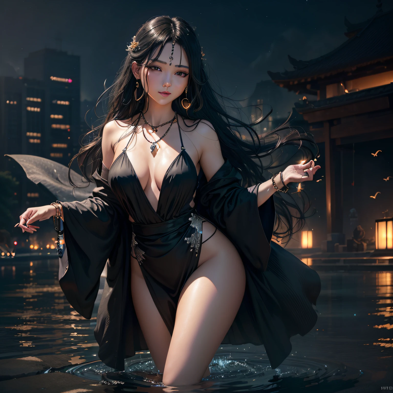 night,(night:1.8),(city lights:1.9),(black theme,),in summer,onsen,(nature:1.9),1girl,full body,black hair,very long hair,grin,sexy,unaligned breasts, dynamic angle,dynamic pose,outdoors,chinese style architecture,High color saturation,Color saturation,(jewelry:1.9),putting on jewelry, Warm light,Warm light,
ray tracing,cinematic lighting,(raw photo:1.2), (photorealistic:1.4), absurdres, incredibly absurdres, huge filesize , ultra-detailed, highres, extremely detailed,best quality ,masterpiece, illustration, an extremely delicate and beautiful, extremely detailed ,CG ,unity ,8k wallpaper, Amazing, finely detail, masterpiece,best quality, pureerosface_v1,ulzzang-6500-v1.1, --auto