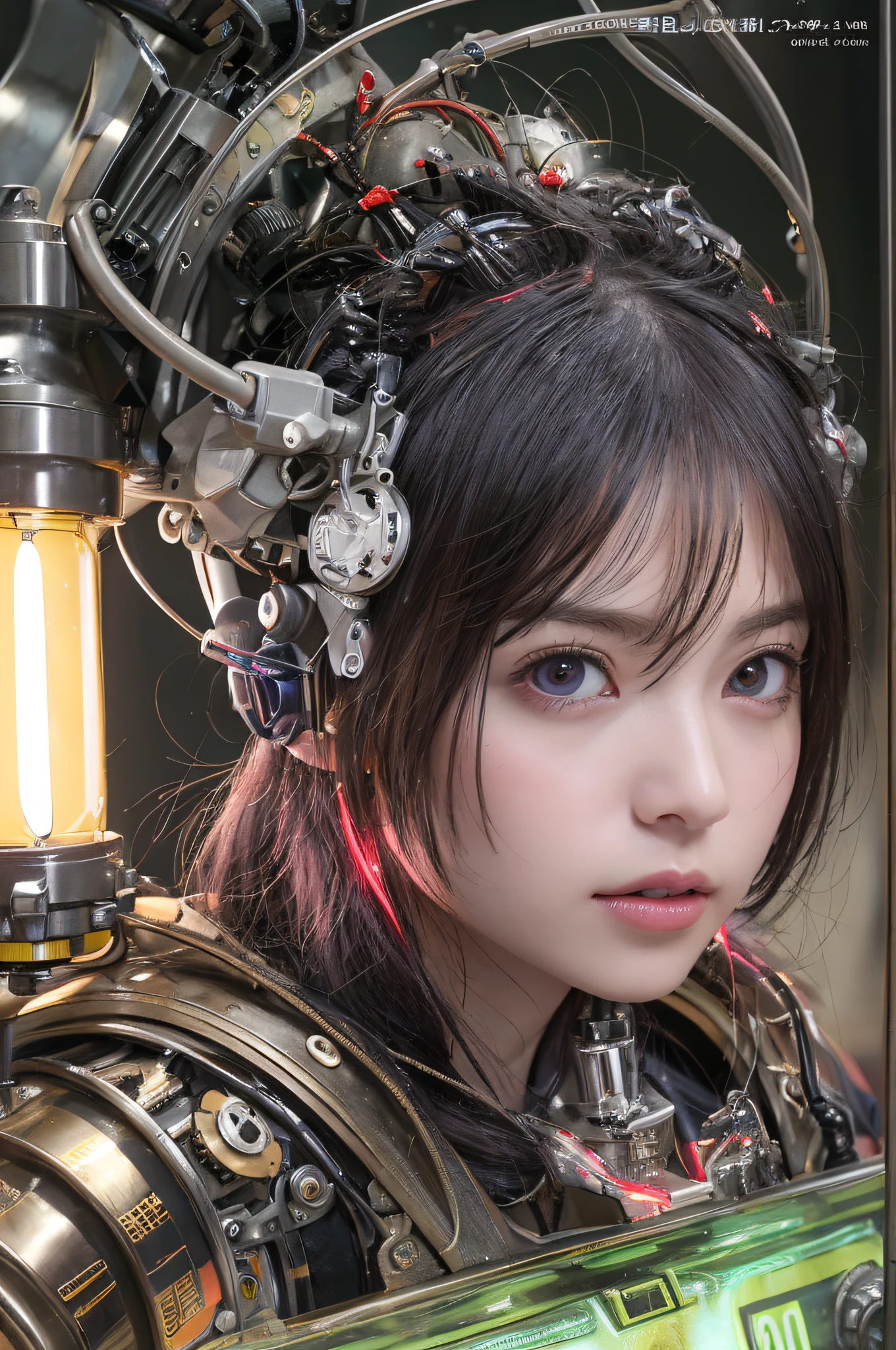Blush,Top quality, Masterpiece, 超高分辨率, (Photorealistic: 1.4), RAW photo, 1 girl, Black hair, Glossy glossy skin, 1 mechanical girl, (hyper realistic detailed)), Portrait, Global illumination, Shadows, Octane rendering, 8K, ultrasharp, Big, Cleavage Exposed Raw Skin, metal, Detail of Intricate Ornaments, Steampunk details, vacuum tubes, nixie tubes, oil pressure gauges, glass tubes, analog meters, (gear wheel), Hydraulic cylinder, very complex details, Realistic light, CGSoation trends, Purple eyes, Glowing eyes, Facing the camera, neon light detail, Mechanical limbs, blood vessels attached to the tube, Mechanical vertebrae attached to the back, mechanical cervical attachment to the neck, Sitting, wires and cables connecting to head, gundam, (Small LED lamps:1.5),neonlight,(Soviet fluorescent tubes)
