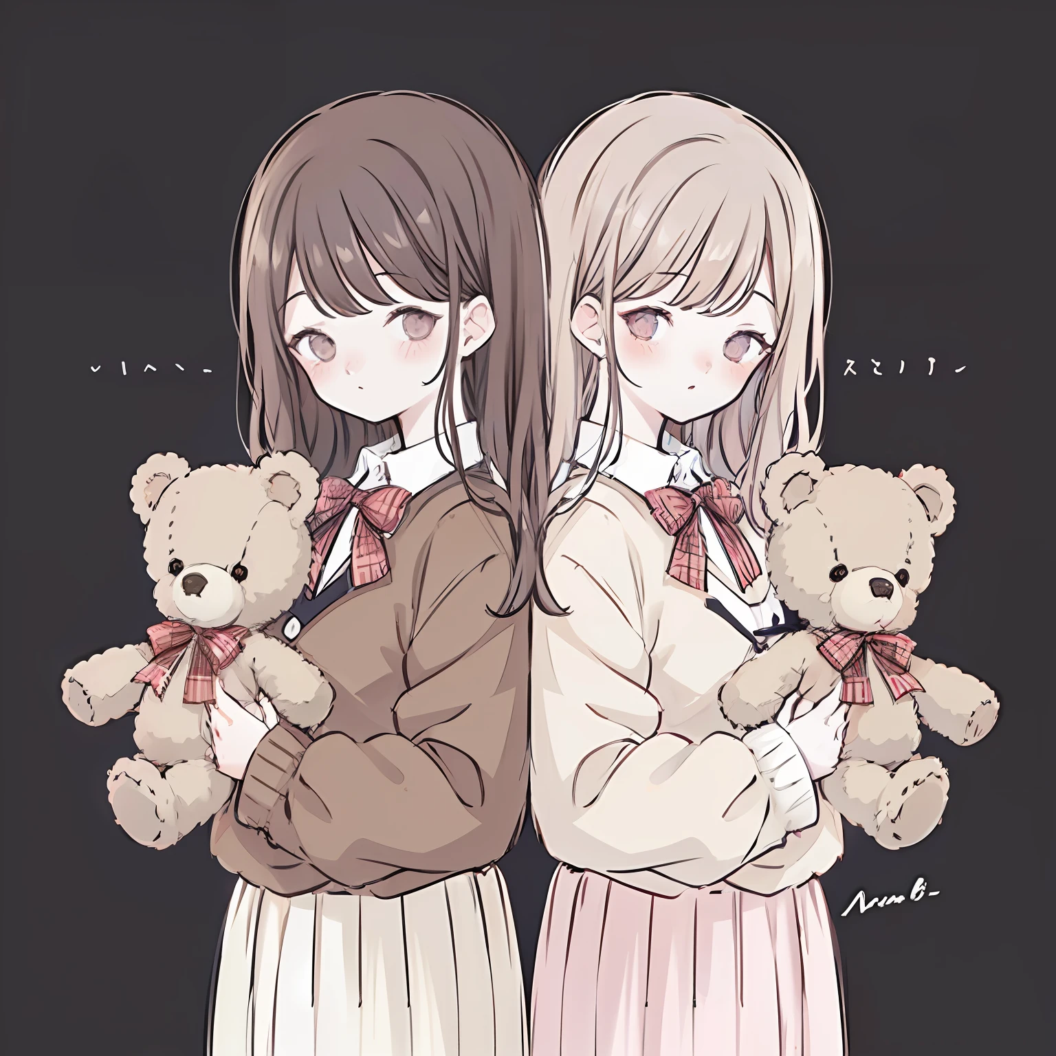 an anime-style illustration of two schoolgirls holding teddy bears. The girls should have long hair and wear white blouses with large bows and plaid skirts. The teddy bears should be light brown and look cute. The background should be a light pink color. Add the signature "kei to mo" at the bottom right corner of the illustration.