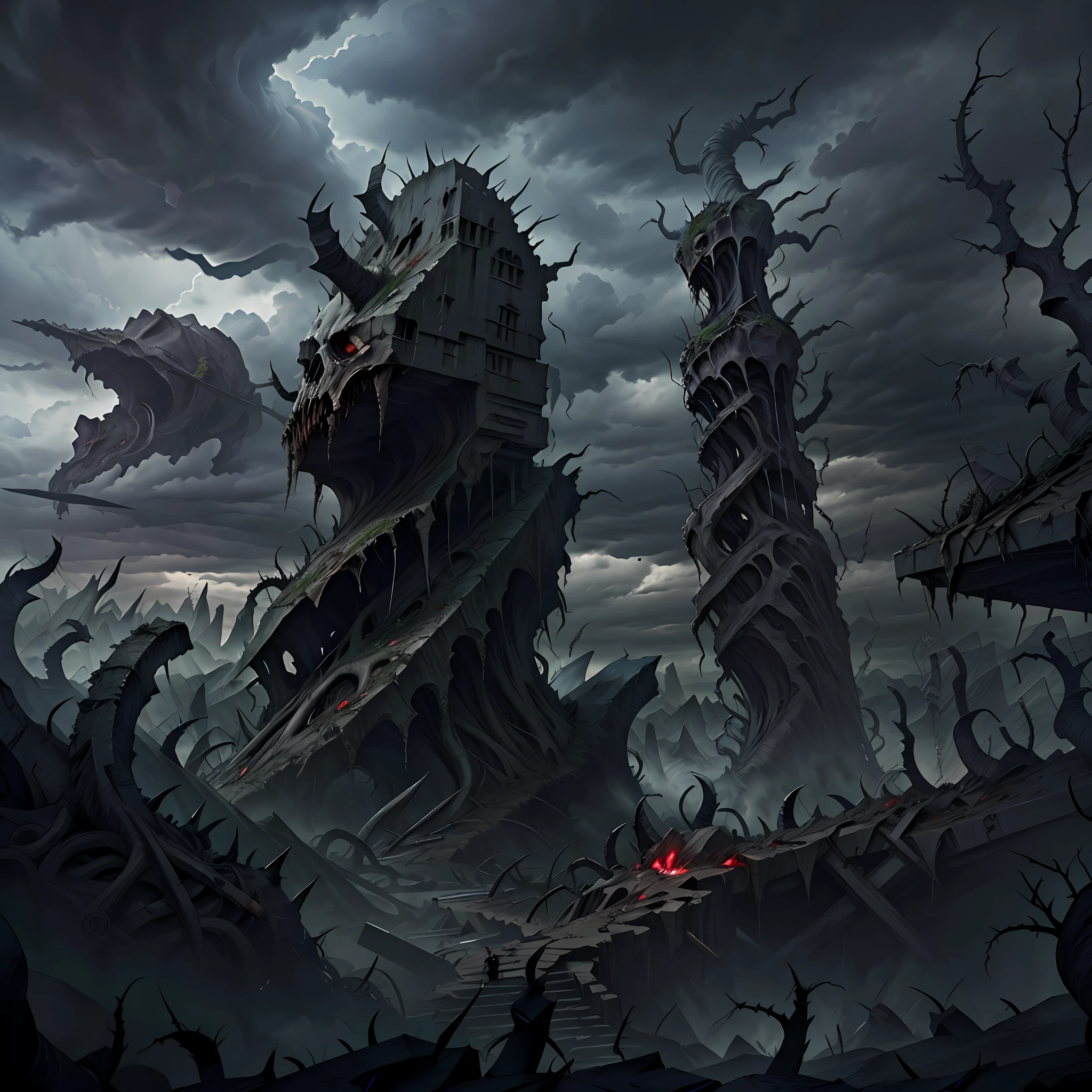 Extreme cracked open in the ground, Valley of madness in background. Thorns, chaos, devastation, dramatic cloudy sky. Horror art, unreal engine, sketch color drawing.