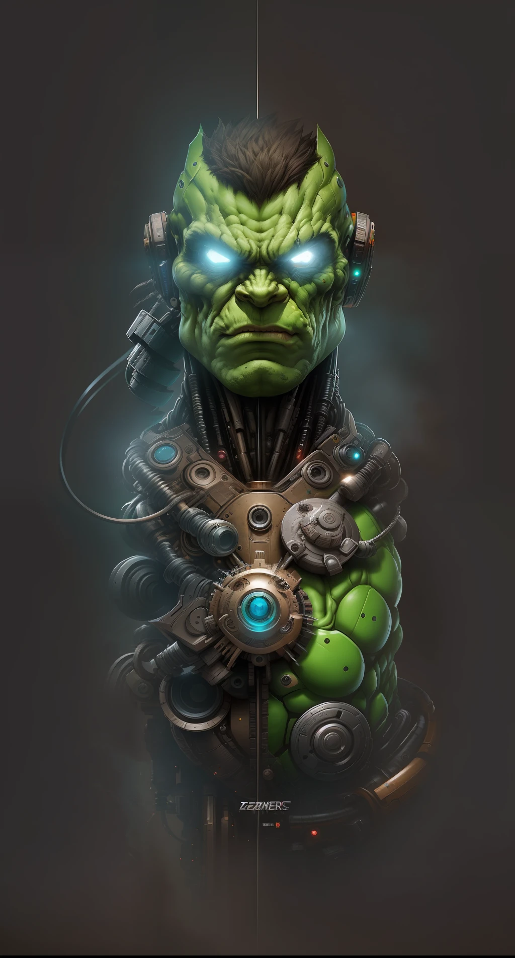 Hulk from Marvel photography, biomechanical, complex robot, full growth, hyper-realistic, insane small details, extremely clean lines, cyberpunk aesthetic, a masterpiece featured on Zbrush Central