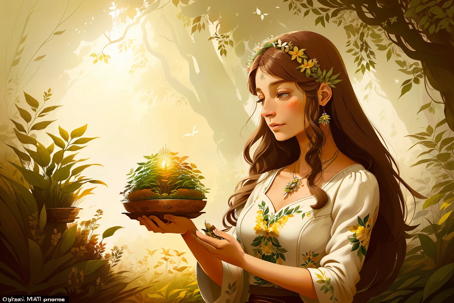 (illustration: 1.3), 1 mulher, lindo planeta Terra com flores e plantas brotando na primavera,brown fur, (da artista Anna Dittman: 1), (((obra-prima))), (((melhor qualidade))), ((ultra-detalhado)),( luz detalhada),((uma luz extremamente delicada e bonita)),