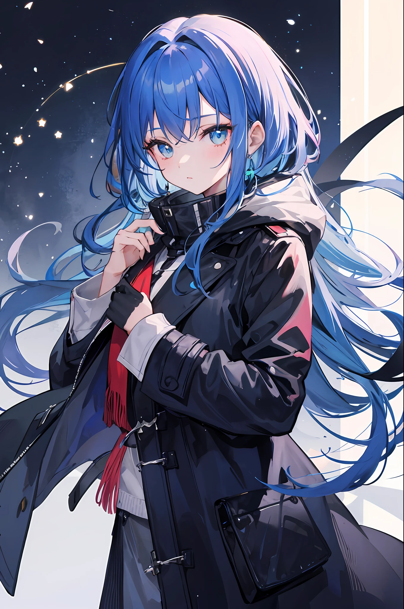 1girl,blue hairs,Sateen,coat large,Hold a double-edged one