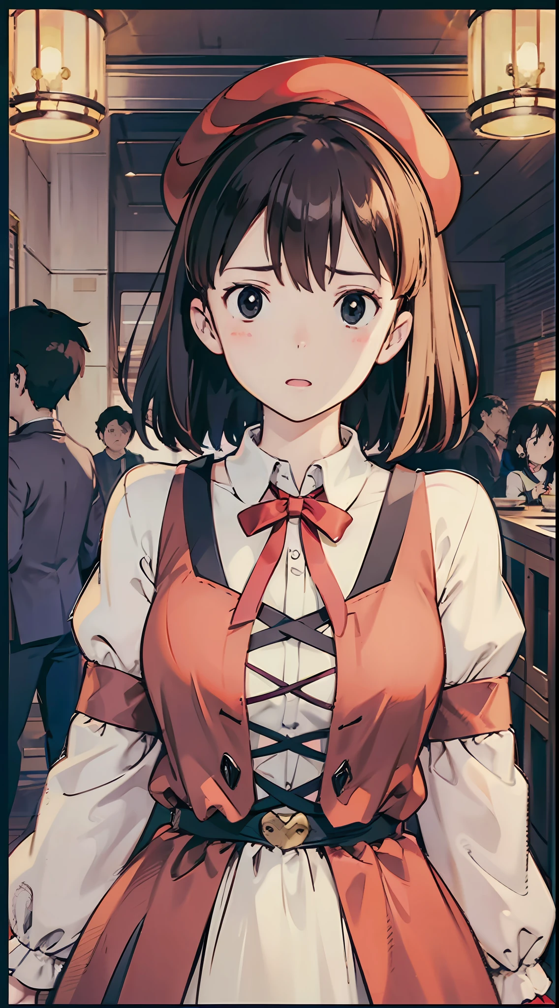 best images quality，excellent detail，超高分辨率，（真实感：1.4），Most Best Illustration，Prefer details，stand posture，Amidst many diners, petite figure. Wearing red cap, Shi Yue. When she stands, insults cease. All eyes on her, expectant, hopeful. Emotions intertwined, complex, unpredictable.，black cloaths，Red ribbons，Kiki