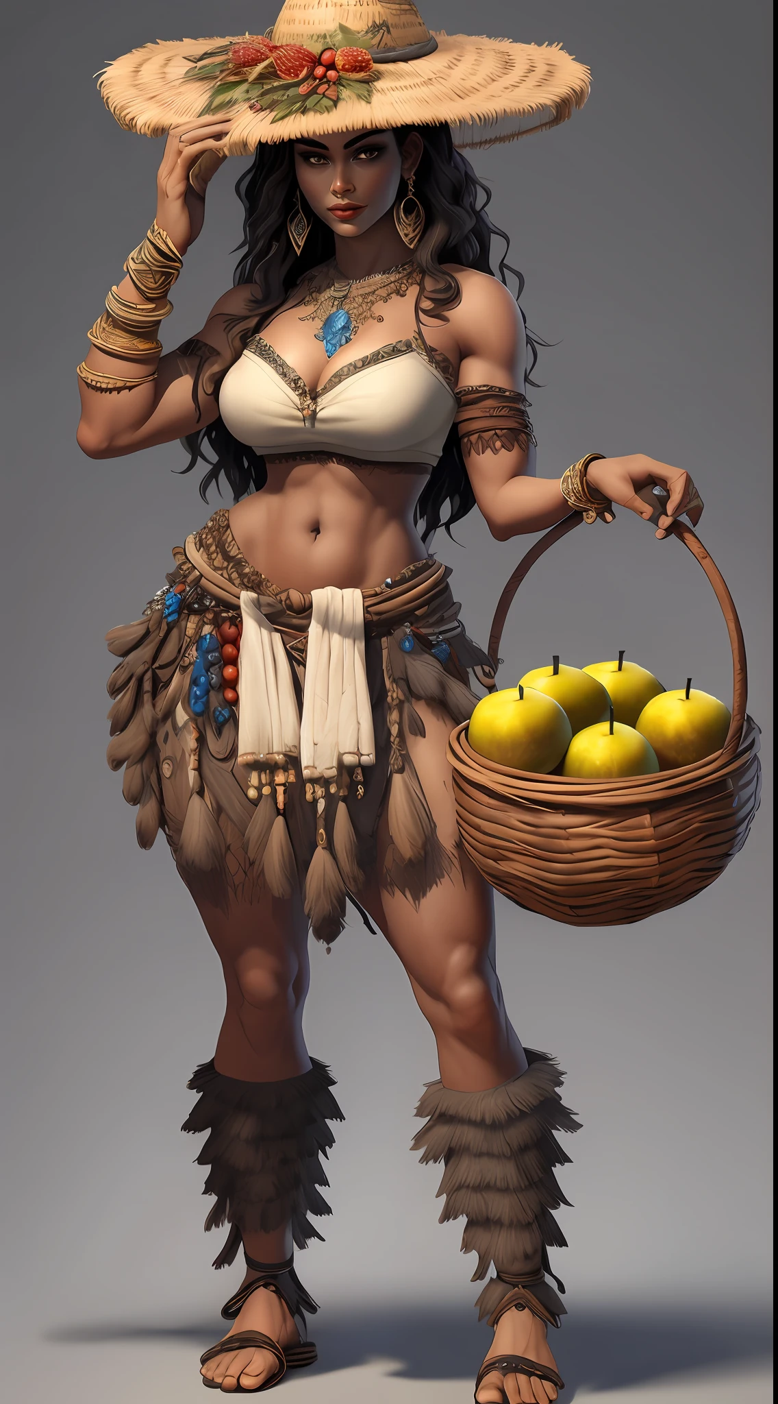 1 beautiful woman、Full body like、Primitive barbarian style,Carrying a fruit basket,highly details eye、详细的脸,Full body standing painting,dynamicposes,white backgrounid,tmasterpiece,best qualtiy,Best resolution,8K,
