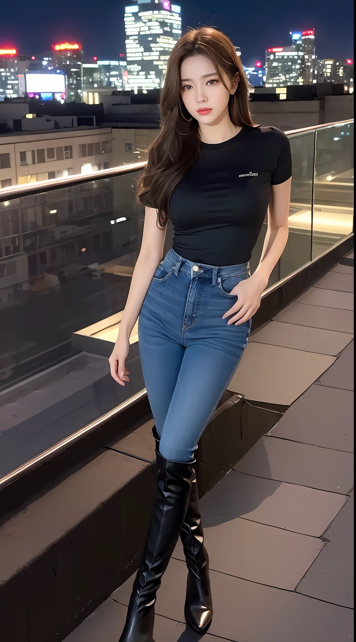 ((midynight, Need, 8k, tmasterpiece:1.3)), full bodyesbian, Long legs, Focalors:1.2, perfect figure beautiful woman:1.4, Slim abs:1.1, ((brunette color hair, huge tit:1.2 )), (black tight tshirt, denim pant, standing on your feet:1.2), ((city night scene, the roof:1.3)), Highly detailed facial and skin texture, A detailed eye, 二重まぶた，Over-the-knee boots