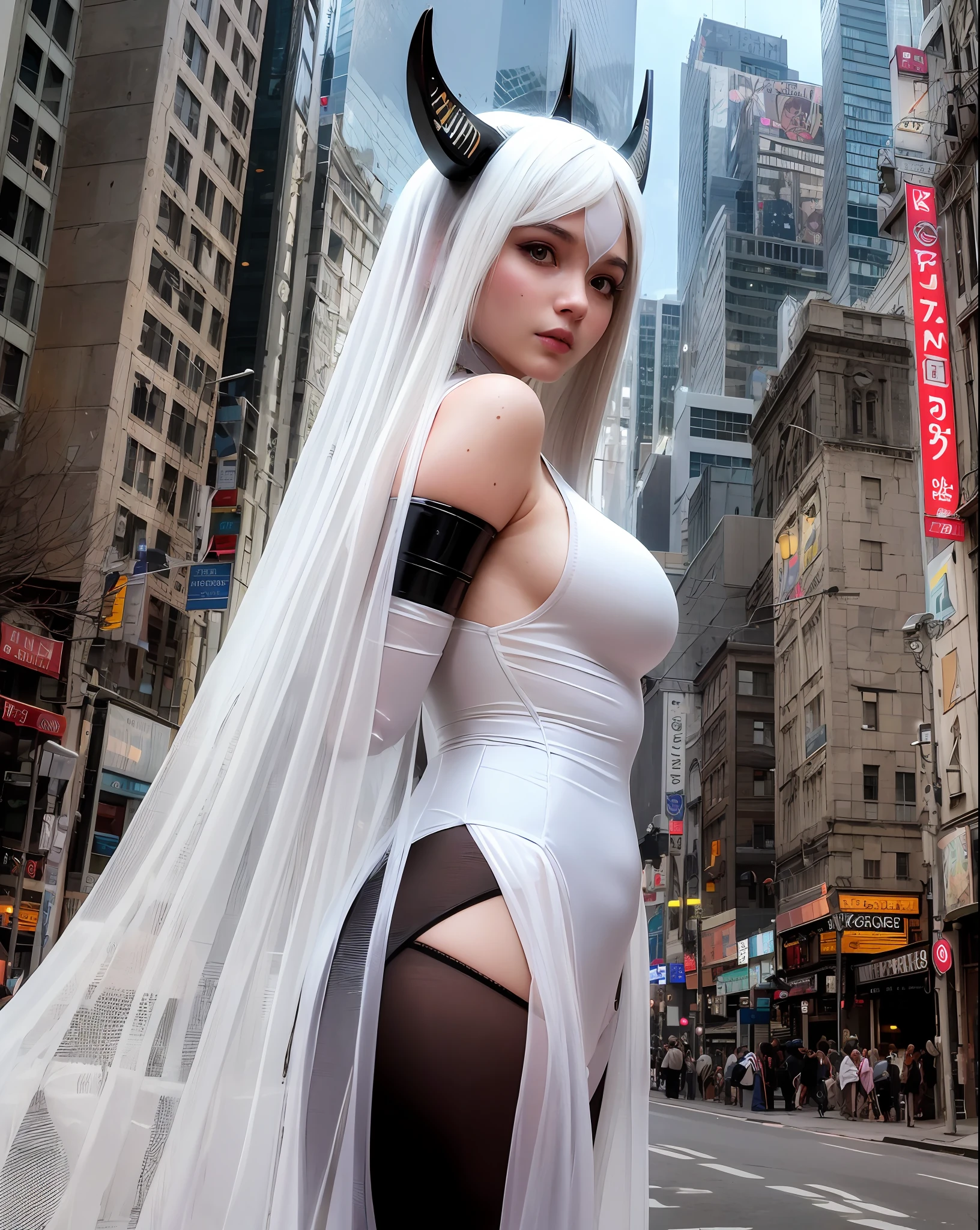 Uma linda elfa ultra realista do mundo real, pele humana real trincada, Rabo, white hair like a veil, Amazing image, mythological style, cabelo grande de cor branco, corpo lindo, peitos grandes e volumosos, Cyberpunk style mask, olhos brancos brilhantes, wearing ultra-futuristic cyber armor. Fotografia ultra realista e detalhada, uma cidade antiga e medieval ao fundo.