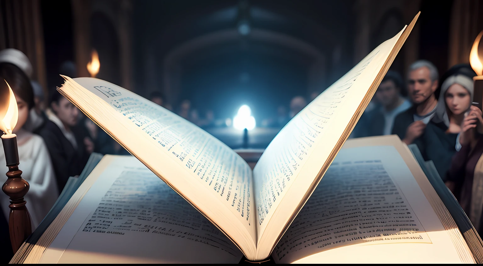 Imagem de um livro aberto, luz saindo de dentro do livro, in front of a crowd, --auto