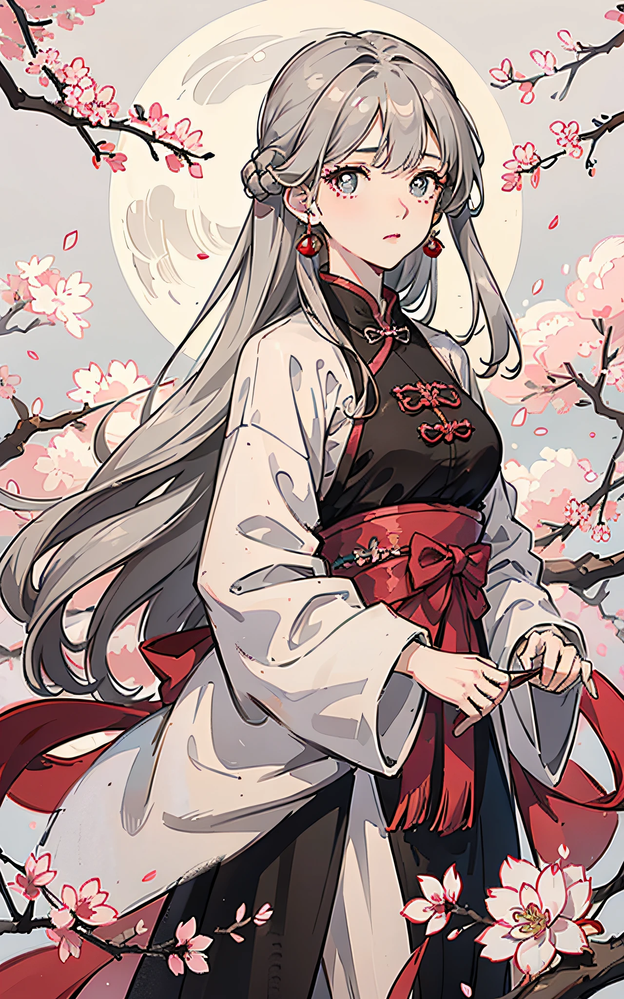 Masterpiece, Best quality, Night, full moon, 1 girl, Mature woman, Chinese style, Ancient China, sister, Royal Sister, Cold expression, Expressionless face, Silver white long haired woman, Light pink lips, calm, intelligence, tribelt, Gray pupils, Cherry blossom red background, Stroll through the cherry blossom forest --auto