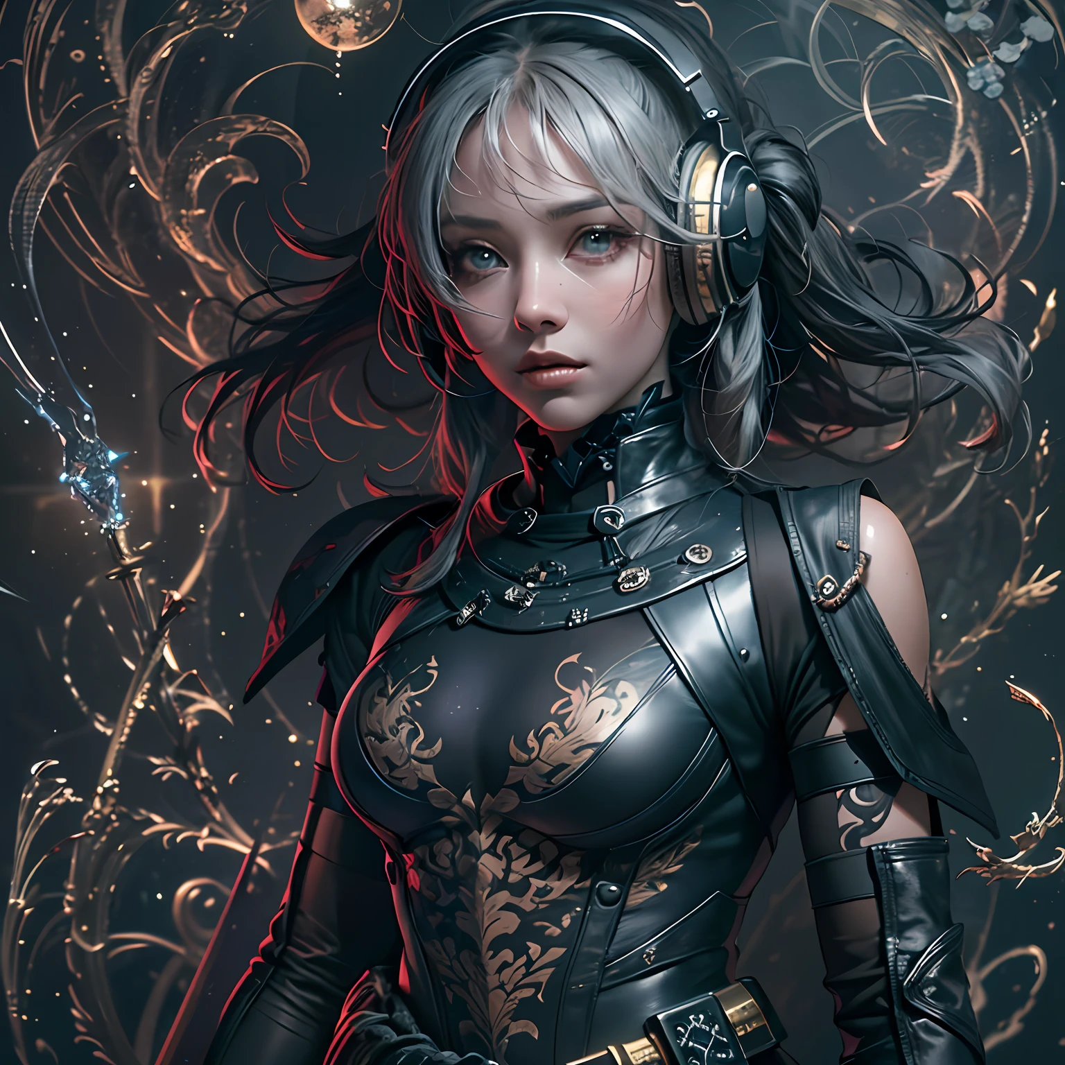 8k masterpiece, wallpaper, full height body potrait of a photorealistic beautiful short silver hairstyle with pigtails and buns seductress priest-knight, wearing beautiful detailed sci-fi headphones ,beautiful, very detailed beautiful face, intricate tattoes, holding a katana in two hands, model hair, in a beautiful very detailed magic room with flying bright glowing trails of energy, choker style colar, detailed face, upper body, lower body,in very detailed beautiful sexy black dark intricate latex dress armor, beautiful eyes, lo-fi, future, Perfectly Centred, Hyper Realistic Cover Photo, High Definition, Cinematic, Smooth, Ultra High Definition, Ultra Sharp Focus, Intricate Artwork, Masterpiece, Epic, Stunning Realistic Photograph, Intricately Detailed, Cinematic, small top, ((1 katana)), 1 katana, megapixel cinematic lighting, anti-aliasing, fkaa, txaa, rtx, ssao, post processing, post-production, tone mapping, cgi, vfx, sfx, full color, volumetric lighting, hdr, realistic, 8k, visible legs