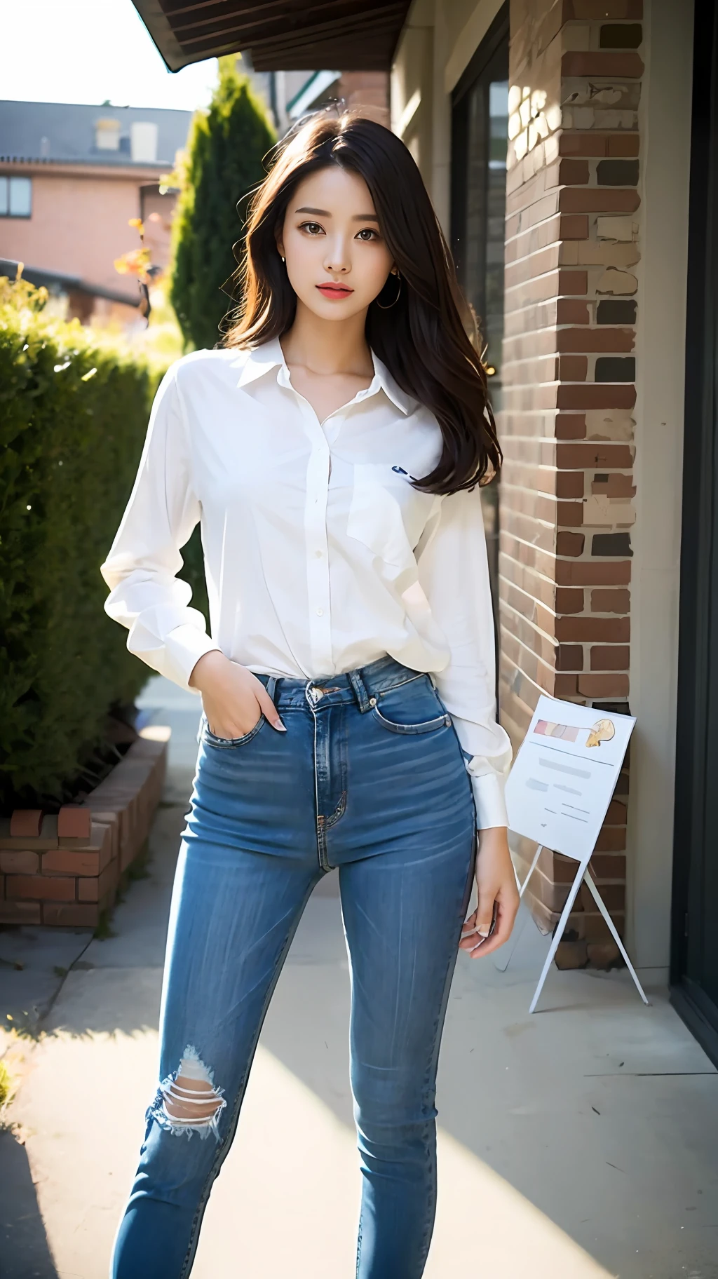 one-girl,Works of masters,HighestQuali,Highest image quality,8K分辨率,A beautiful 20-year-old girl,whitet-shirt,Blue skinny jeans,Black heels