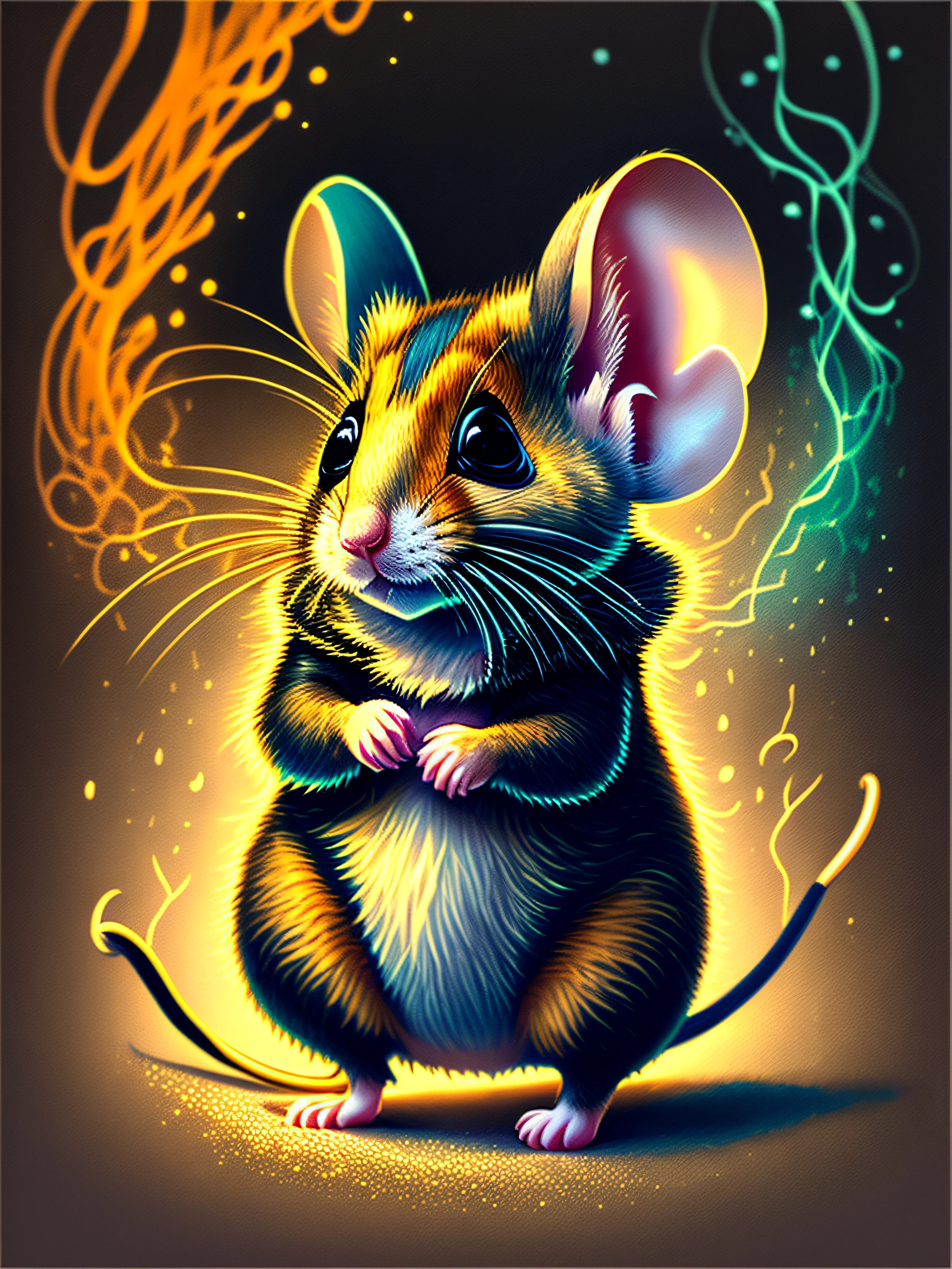 A painting of a colored mouse on a black background,, breathtaking rendering, dans une connexion rayonnante, inspired by Kinuko Y. Craft,, Magical elements, mouse icon, wow, est magnifique, lancer un sort multicolore, flash lumineux, flash