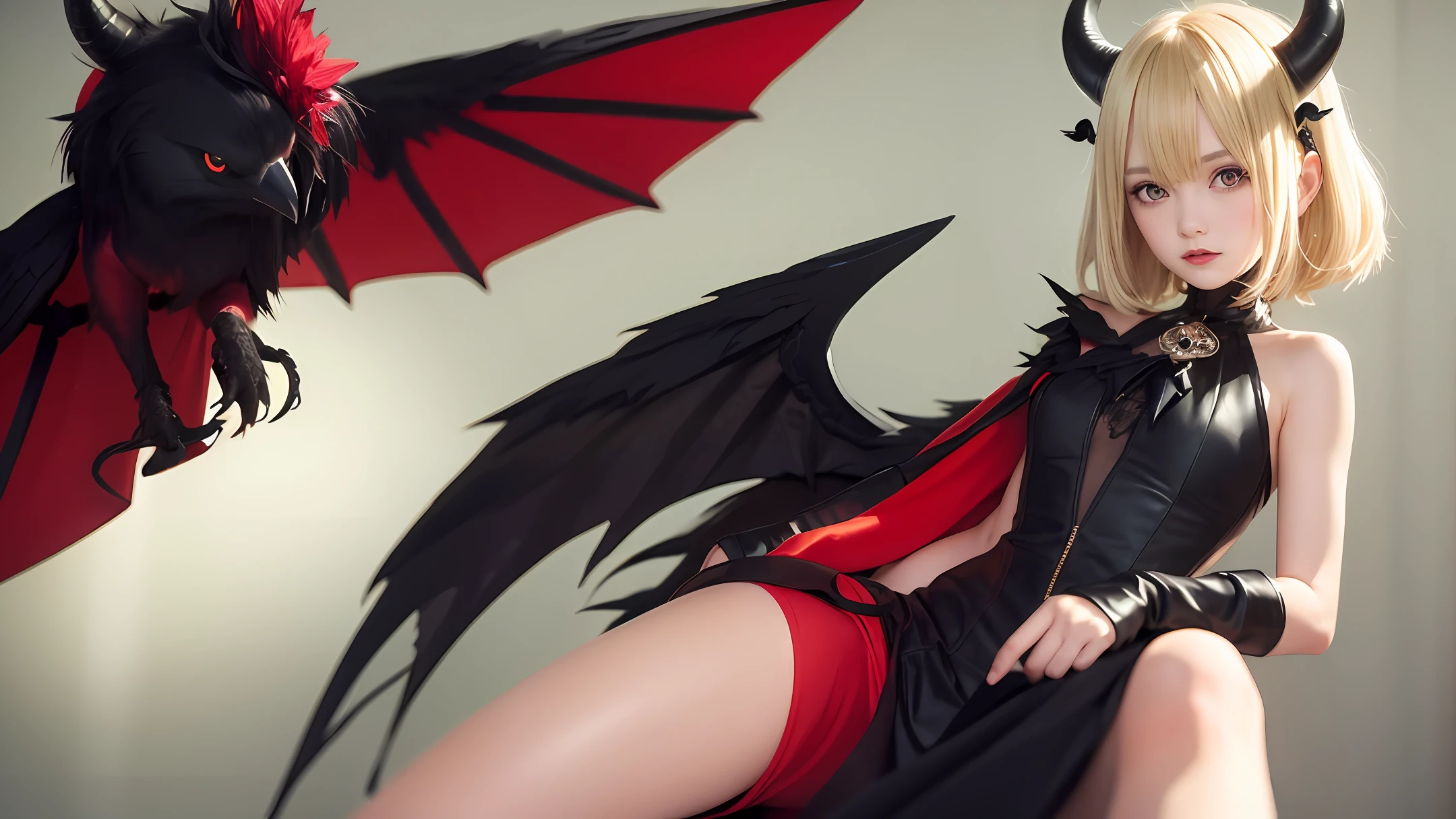Blonde demoness, with small horns, with blonde hair, with black crow wings , in a black and red dress