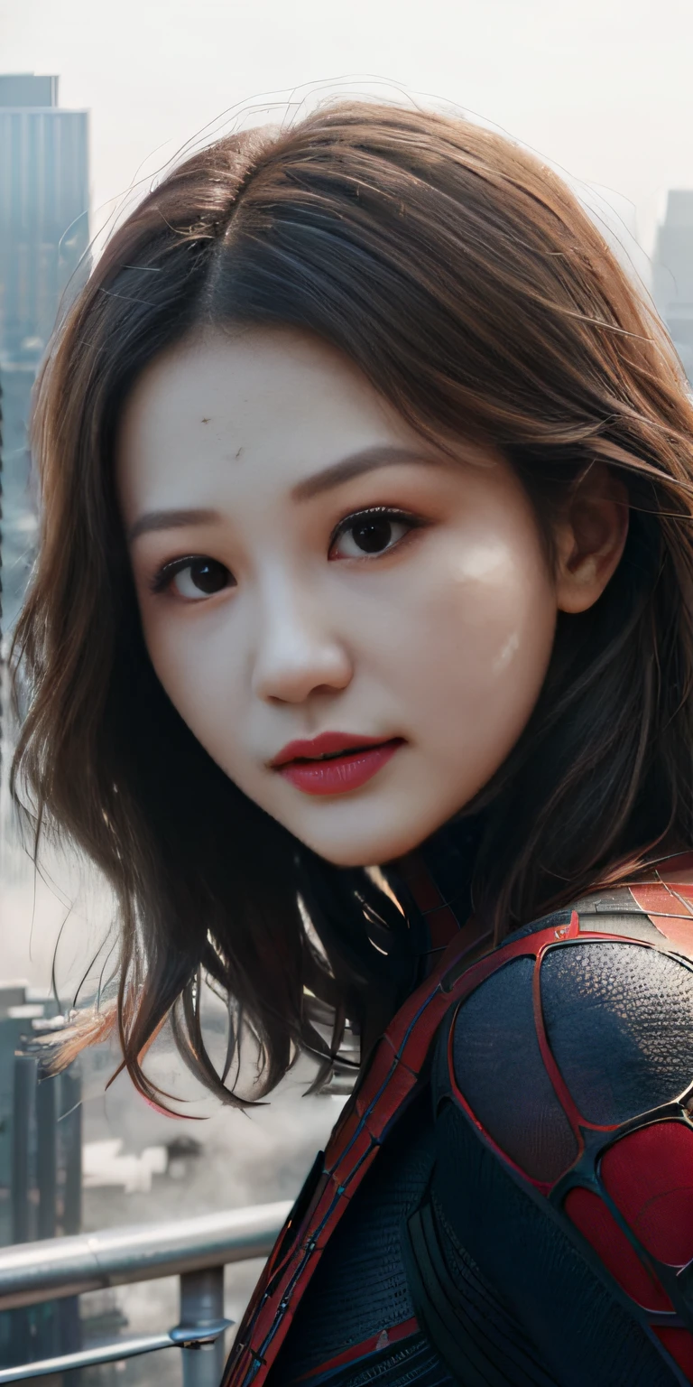 (1girl:1.3), Solo, (((Very detailed face)))), ((Very detailed eyes and face)))), Beautiful detail eyes, Body parts__, Official art, Unified 8k wallpaper, Super detailed, beautiful and beautiful, beautiful, masterpiece, best quality, original, masterpiece, super fine photo, best quality, super high resolution, realistic realism, sunlight, full body portrait, amazing beauty, dynamic pose, delicate face, vibrant eyes, (from the front), She wears Spider-Man suit, red and black color scheme, spider, very detailed city roof background, rooftop, overlooking the city, detailed face, detailed complex busy background, messy, gorgeous, milky white, highly detailed skin, realistic skin details, visible pores, clear focus, volumetric fog, 8k uhd, DSLR, high quality, film grain, fair skin, photo realism, lomography, futuristic dystopian megalopolis, translucent