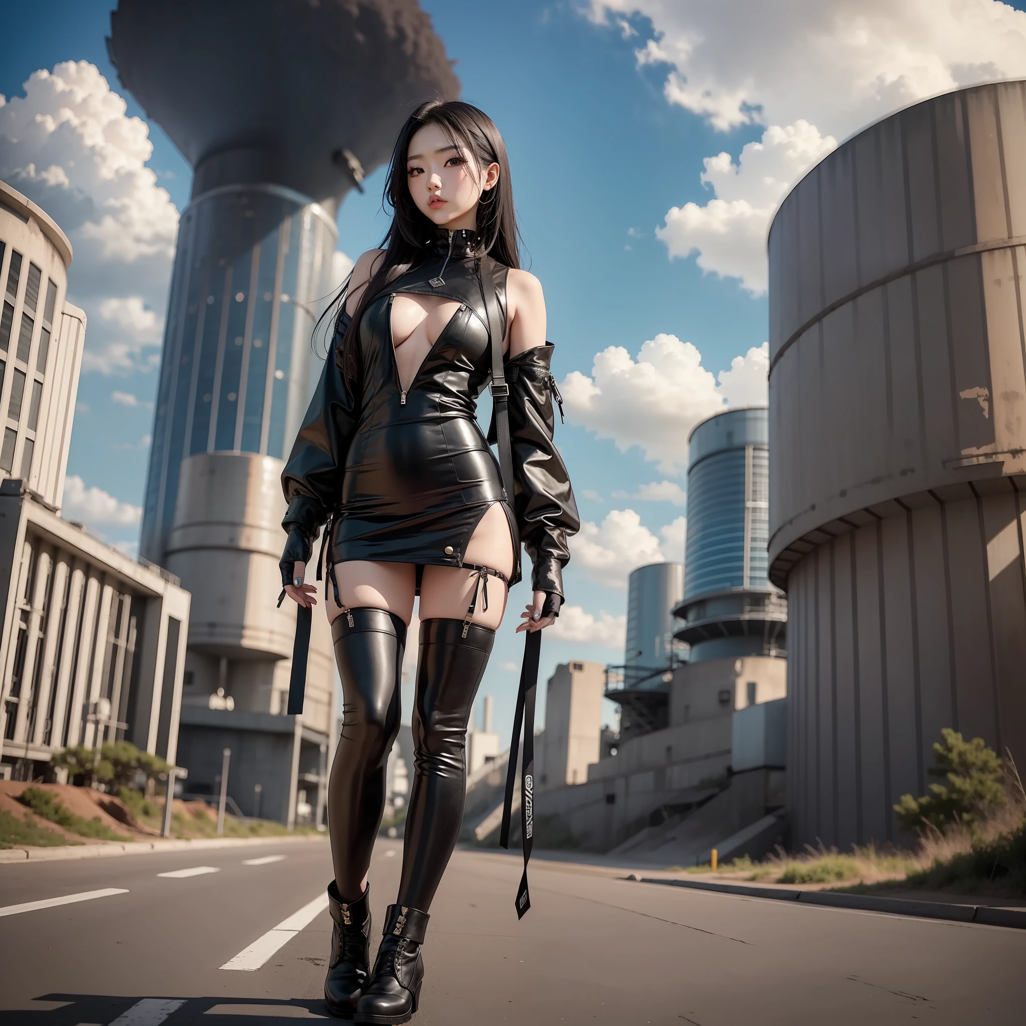 Korean goth girl with a edgy outfit, confidently posing outside a futuristic nuclear testing facility