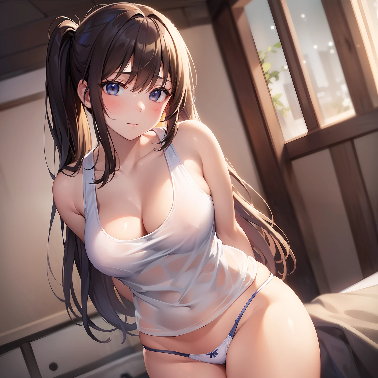 (masterpiece、top-quality、hight resolution、photos realistic、real looking skin:1.1)、1 Japan Girl、独奏、full bodyesbian、curvy、Beautiful eyes、Shining eyes、embarrassed from、short twintails、no bra、(Sheer white tank top:1.5)、(Fully exposed panties:1.5)、is standing、(arms behind back:1.5)、(Bedroom at night:1.5)、(Simple cotton panties:1.5)、nsfw