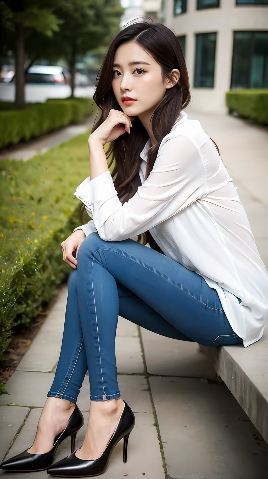 one-girl，Works of masters，HighestQuali，Highest image quality，8K分辨率，A beautiful 20-year-old girl，whitet-shirt，Blue skinny jeans，Black heels