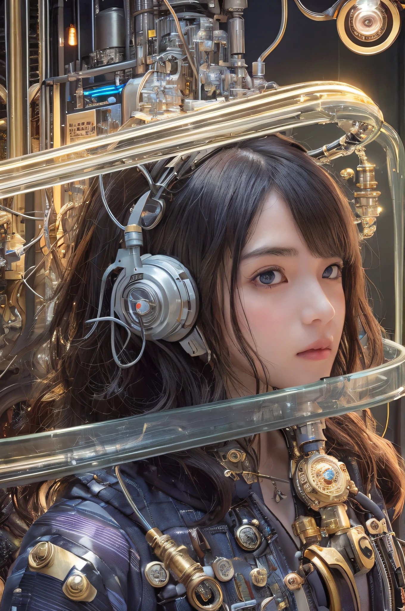 Blush,Top quality, Masterpiece, 超高分辨率, (Photorealistic: 1.4), RAW photo, 1 girl, Black hair, Glossy glossy skin, 1 mechanical girl, (hyper realistic detailed)), Portrait, Global illumination, Shadows, Octane rendering, 8K, ultrasharp, Big, Cleavage Exposed Raw Skin, metal, Detail of Intricate Ornaments, Steampunk details, vacuum tubes, nixie tubes, oil pressure gauges, glass tubes, analog meters, (gear wheel), Hydraulic cylinder, very complex details, Realistic light, CGSoation trends, Purple eyes, Glowing eyes, Facing the camera, neon light detail, Mechanical limbs, blood vessels attached to the tube, Mechanical vertebrae attached to the back, mechanical cervical attachment to the neck, Sitting, wires and cables connecting to head, gundam, (Small LED lamps:1.5),neonlight,(Soviet fluorescent tubes)