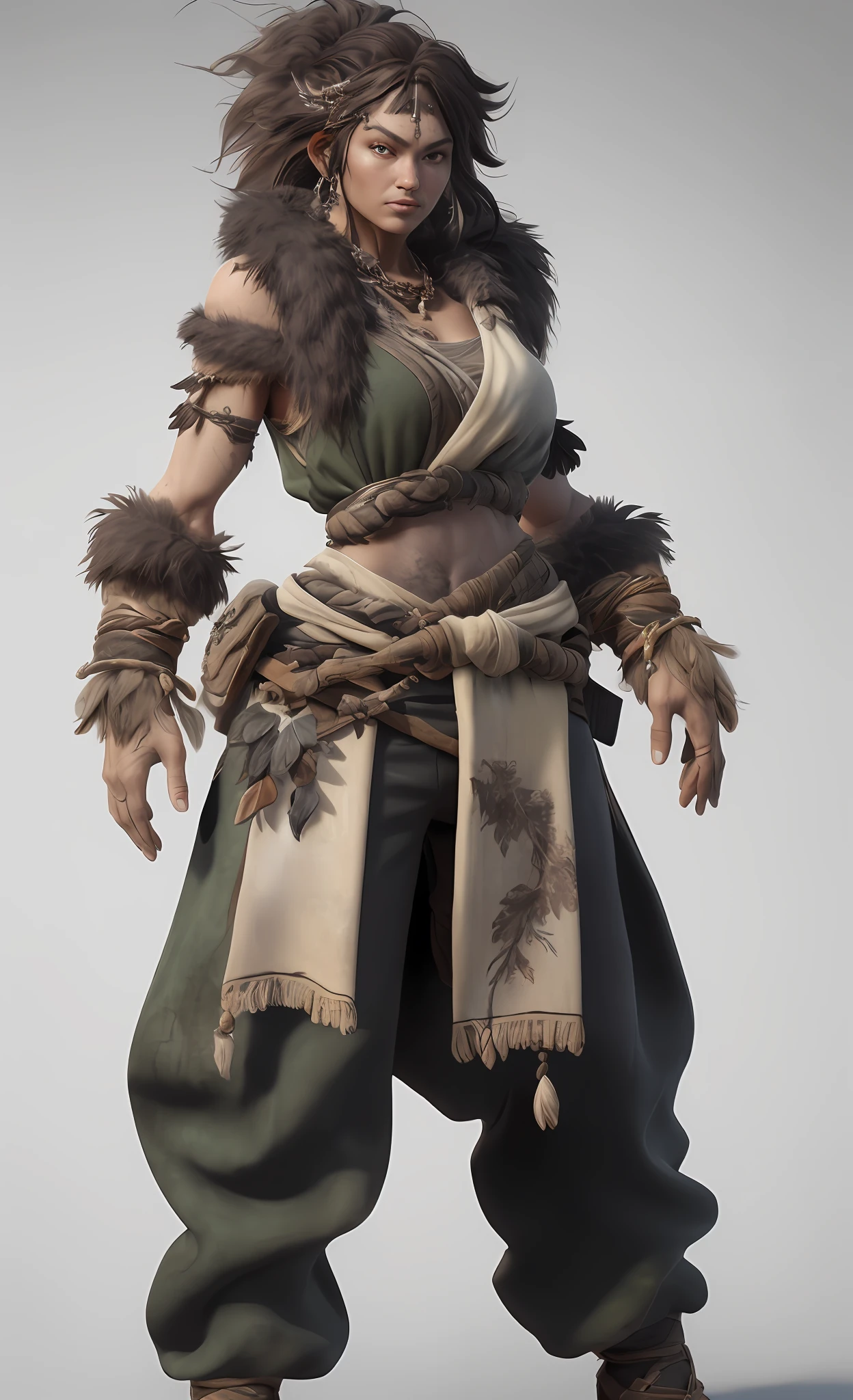 (1 Northern Girl),Stone Age,Primitive barbarian style,highly details eye、详细的脸,long leges,Animal fur clothing,(Foliage decoration),Nature, wild hairs, Bones make weapons,Fantasy setting,((Full body standing painting,dynamicposes)),white backgrounid,character concept, character art, Character portrait,tmasterpiece,best qualtiy,Best resolution,8K,3Drenderingof,unreal-engine,tmasterpiece,high high quality,Hyper-detailing,Ray traching,