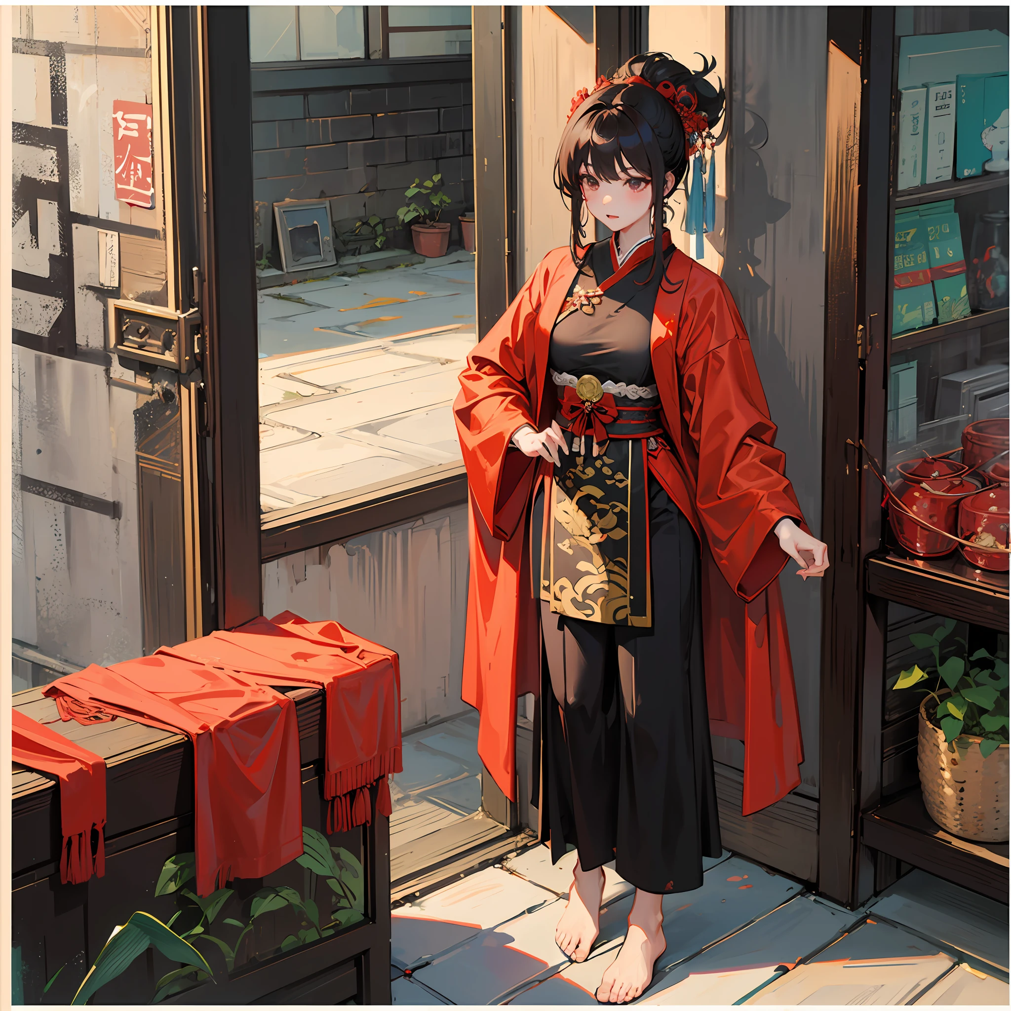 Traditional chinese painting, Hanfu，Tang Feng，Red long suit, standing on your feet,The barefoot ，brunette color hair，A high resolution，Traditional ink painting。 --auto