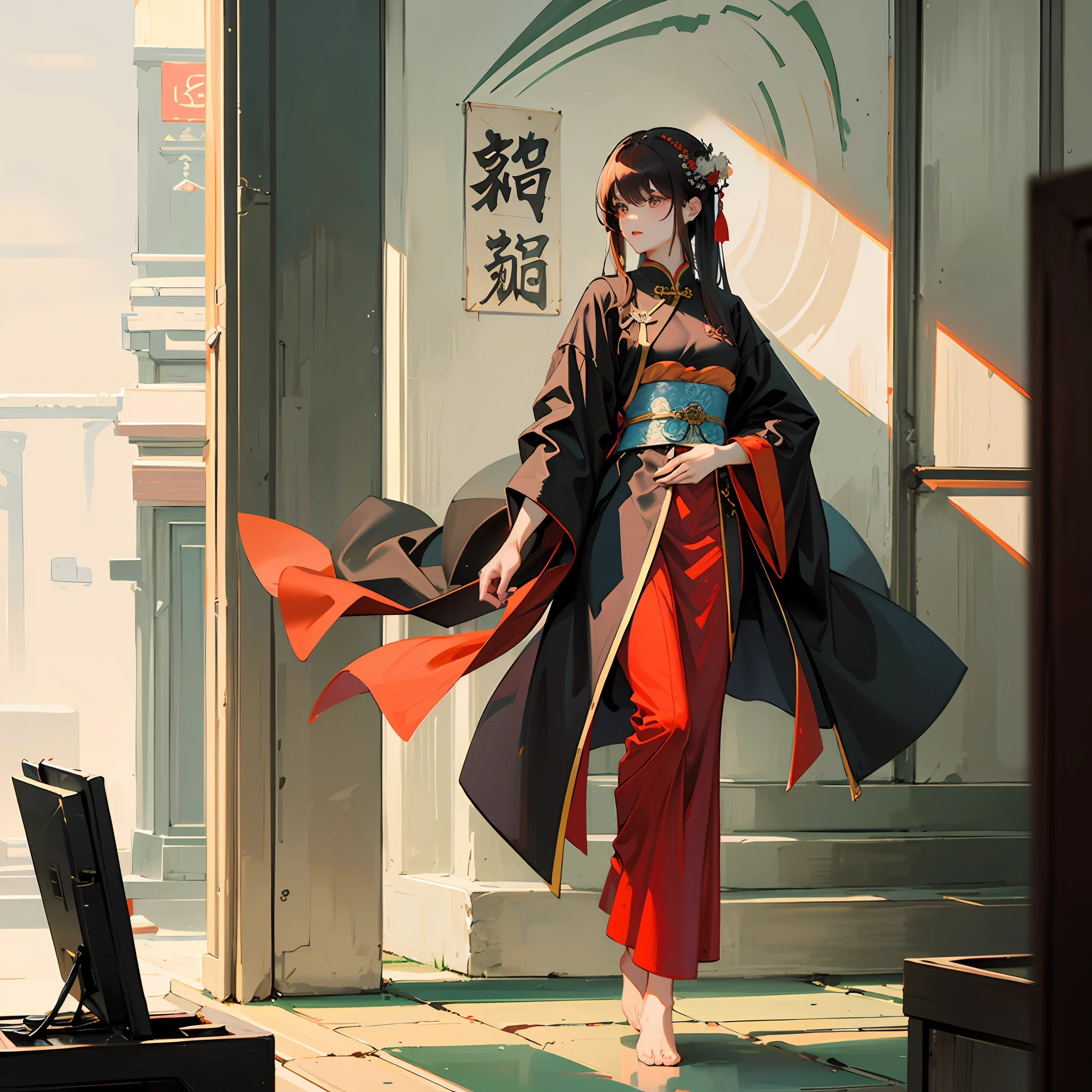 Traditional chinese painting, Hanfu,Tang Feng,Red long suit, standing on your feet,The barefoot ,brunette color hair,A high resolution,Traditional ink painting。 --auto