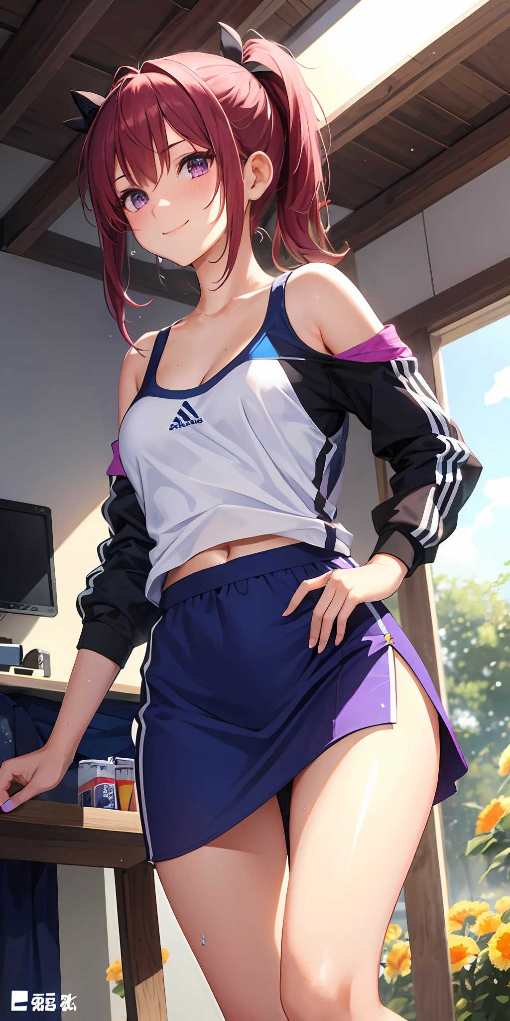 realisticlying，1girl，pony tails，harelip，Blushlush，putting makeup on，Light smile，whaite hair，track suit，a skirt，wetclothes，with light glowing，upper legs，Purple eye，Bare shoulders，鎖骨，a narrow waist，rays of sunshine，rays of sunshine，rosette，ventania，cleavage, (tmasterpiece), sweat leggs,Superskirt，Short skirts blown up by the wind，Reveal cute panties，