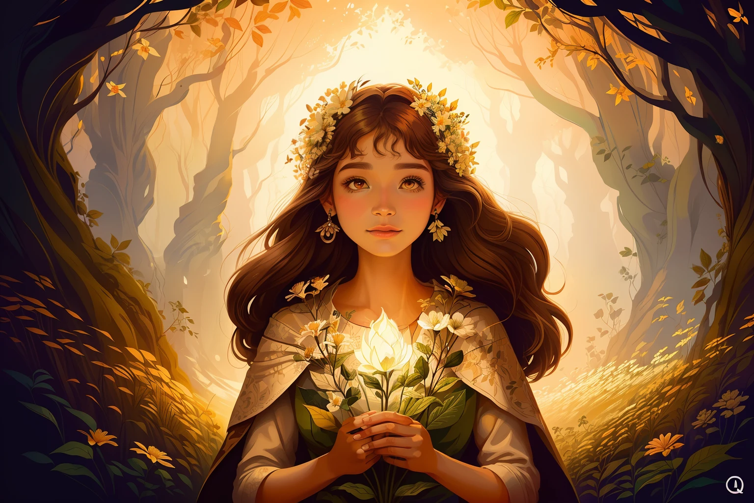 (illustration: 1.3), 1 mulher, lindo planeta Terra com flores na primavera,brown fur, (da artista Anna Dittman: 1), (((obra-prima))), (((melhor qualidade))), ((ultra-detalhado)),( luz detalhada),((uma luz extremamente delicada e bonita)),
