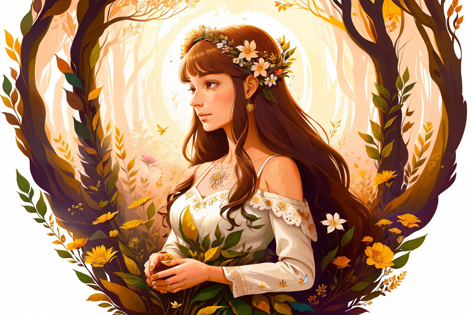 (illustration: 1.3), 1 mulher, lindo planeta Terra com flores na primavera,brown fur, (da artista Anna Dittman: 1), (((obra-prima))), (((melhor qualidade))), ((ultra-detalhado)),( luz detalhada),((uma luz extremamente delicada e bonita)),