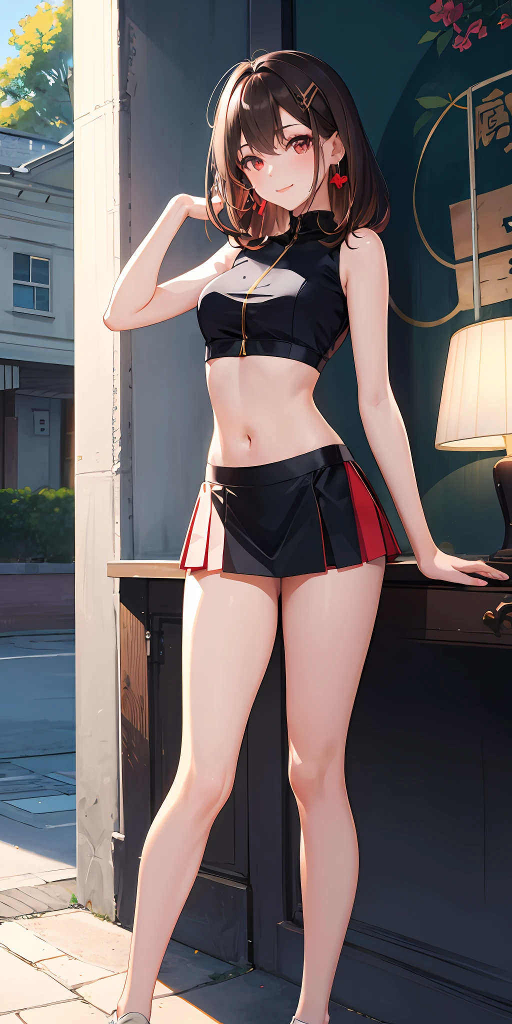 1girl, lip flap, Blushlush, Makeup, Light smile, brunette color hair, red - eyed, crop top, a skirt, llight rays, glow, upper legs, 鎖骨, a narrow waist, (masterpiece), wallpaper,spread their legs，Cute panties