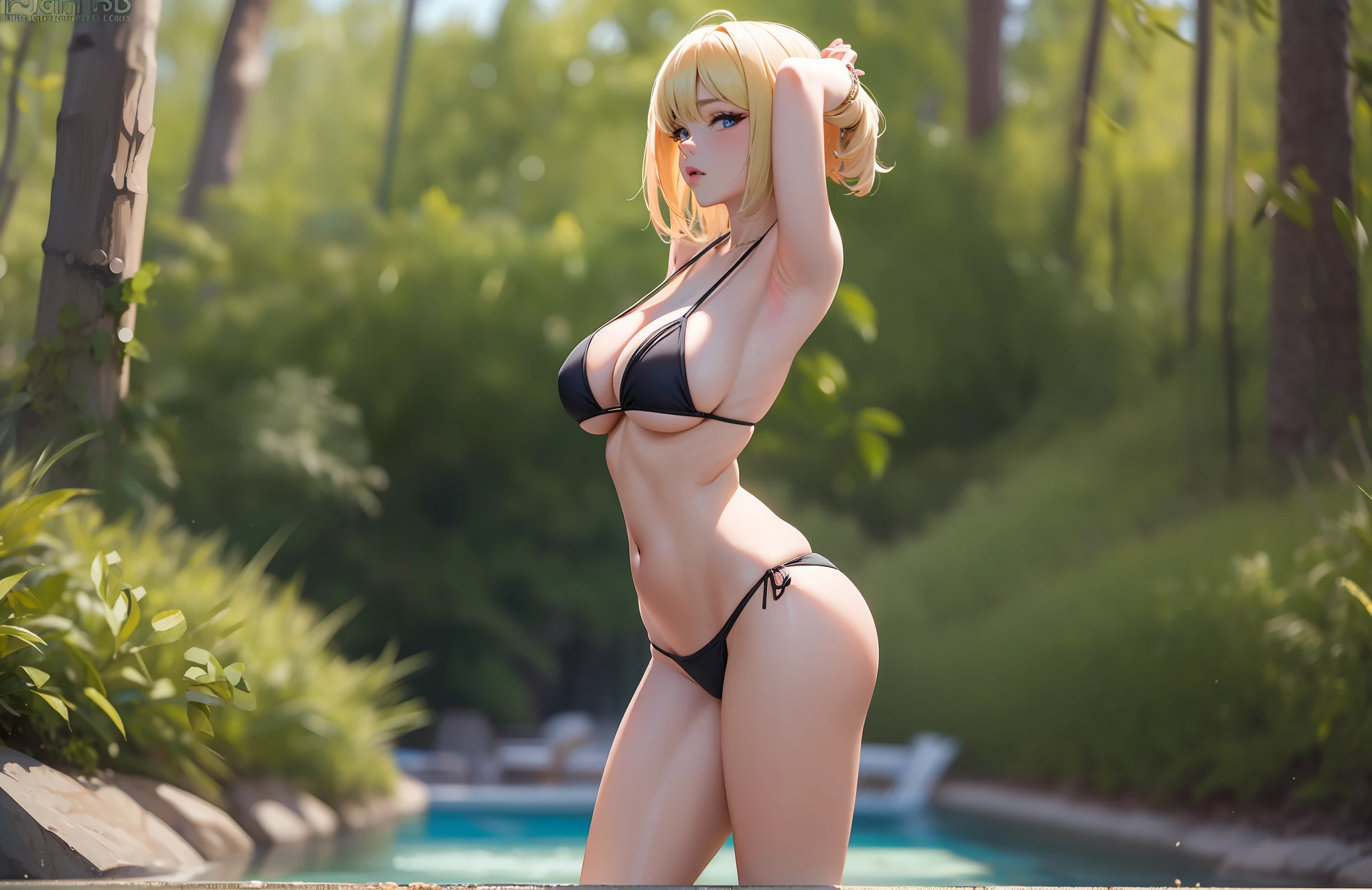 (best quality), 8k, masterpiece, Full body shot of a (blonde european) bikini model wearing micro bikini with a (hot and sexy) fit and perfect body, doing some sexy pose.