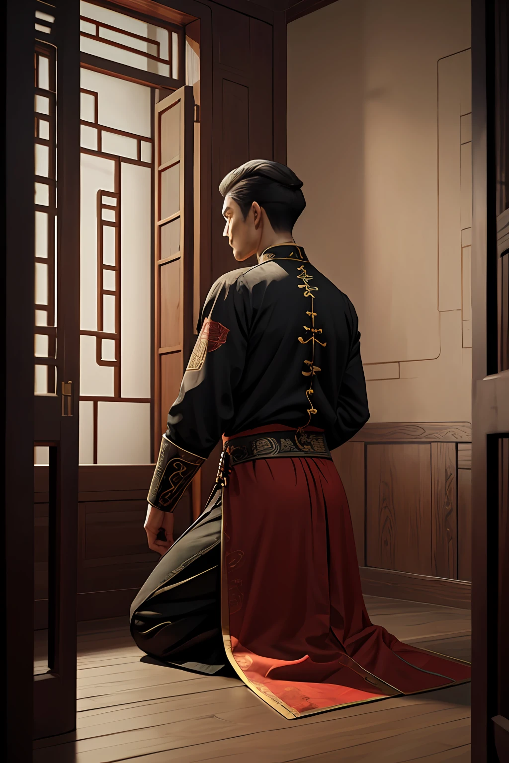 masutepiece, Highly detailed, Super realistic, 4K, 8K, Detailed background, Victorian style, (Ancient Chinese-style Hightower Room),（Ancient Chinese Assassin Man）、（Black clothe）、（facing back）、（Kneel down）、