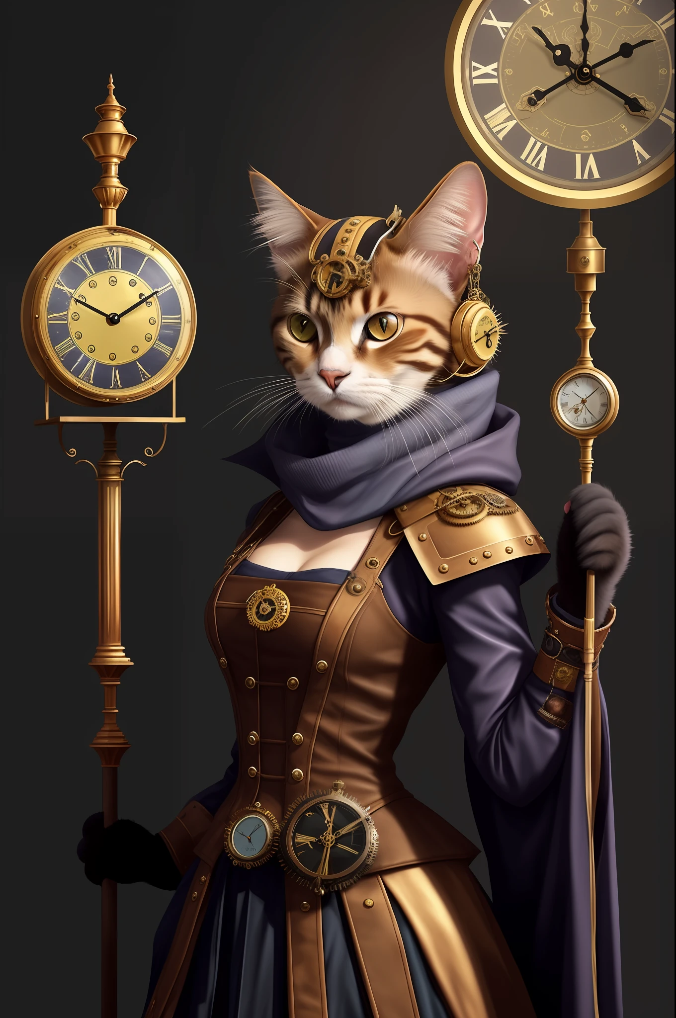 A cat in a steampunk outfit holds a large clock, portrait of a steampunk catgirl, steampunk cat, arte steampunk de alta qualidade, anthropomorphic female cat, Steampunk art, estilo de fantasia steampunk, golden steampunk, steampunk concept art, digital steampunk art, steampunk digital art, cyberpunk cat, Steampunk fantasy, a cute steampunk calico cat, a steampunk beautiful goddess