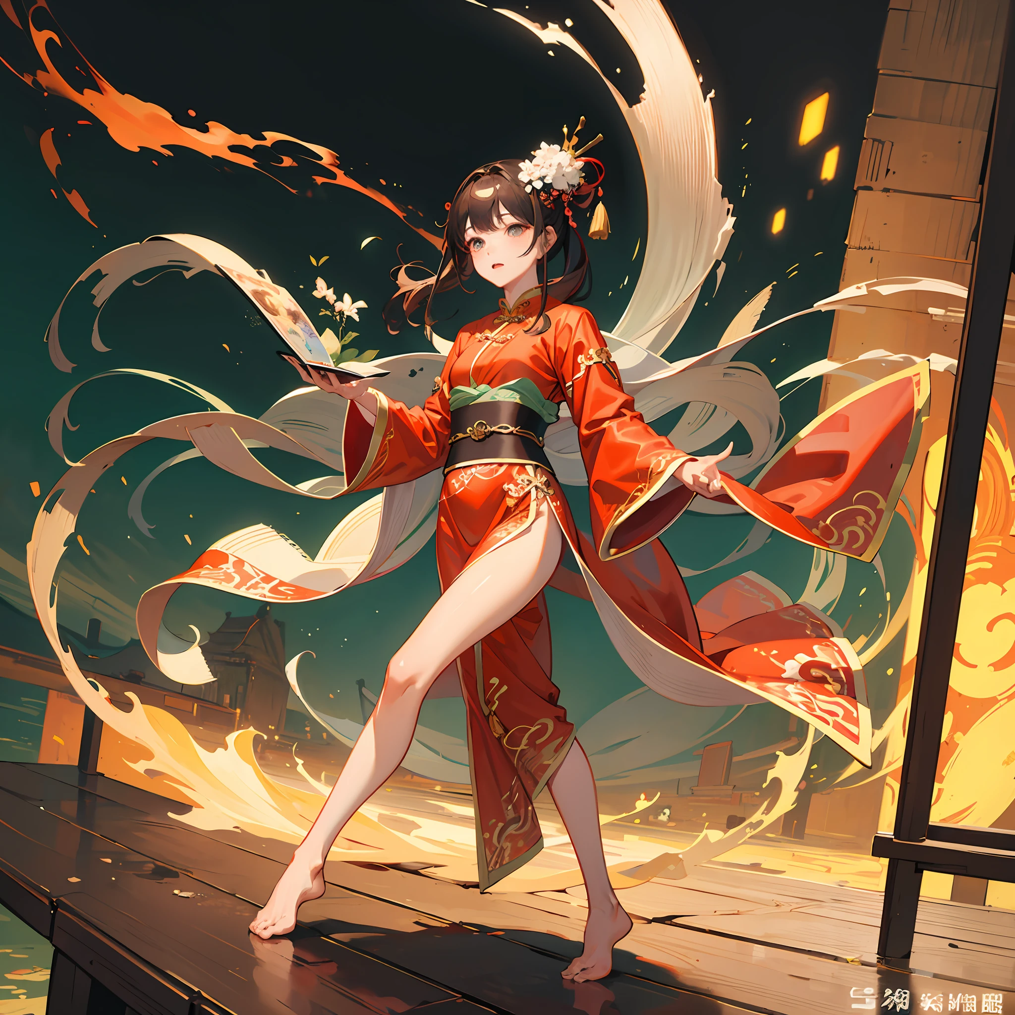 Traditional chinese painting, Hanfu，Tang Feng，Red long suit, standing on your feet,The barefoot ，brunette color hair，A high resolution，Traditional ink painting。 --auto