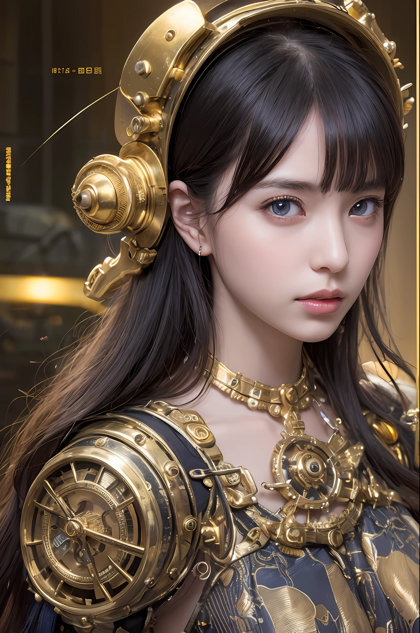 top-quality、masterpiece、超A high resolution、(Photorealsitic:1.4)、Raw photo、Black hair、glowy skin、1 Mechanical Girl、((super realistic details))、portlate、Global Illumination、Shadow、octan render、8K、ultrasharp、Colossal tits、Raw skin is exposed in cleavage、Steampunk Girl、Black fiberglass body、Details of intricate ornaments of golden color、Gothloli details、Analog Meter、gear、screw、Golden hydraulic cylinder、highly intricate detail、Realistic light、CGSoation Trends、a purple eye、radiant eyes、Facing the camera、neon details、blood vessels connected to tubes、Mechanical vertebrae attached to the back、mechanical cervical attaching to neck、sitting on、Wires and cables connecting to the head、Small LED lamp、The background is a steampunk town、