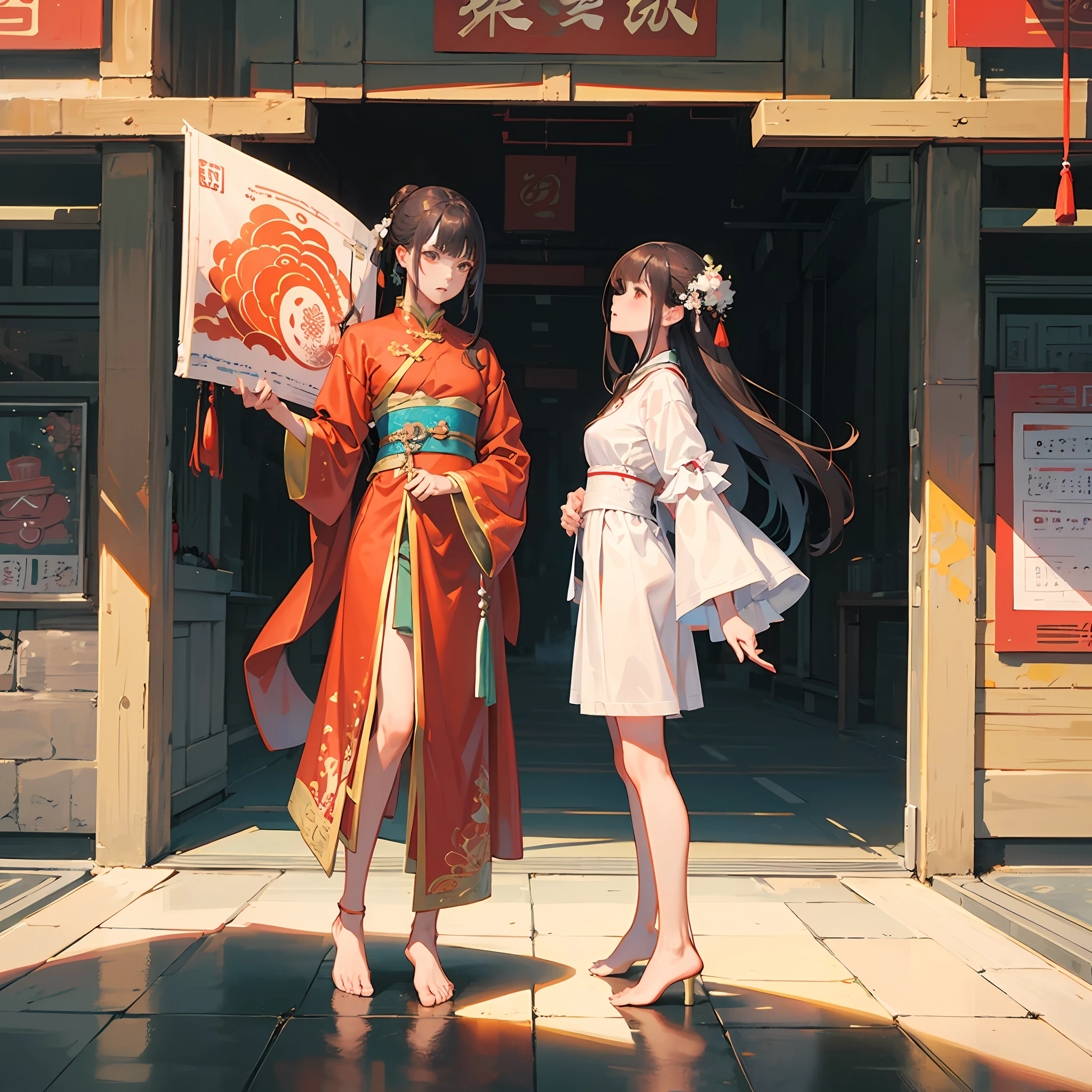 Traditional chinese painting, Hanfu，Tang Feng，Red long suit, standing on your feet,The barefoot ，brunette color hair，A high resolution，Traditional ink painting。 --auto