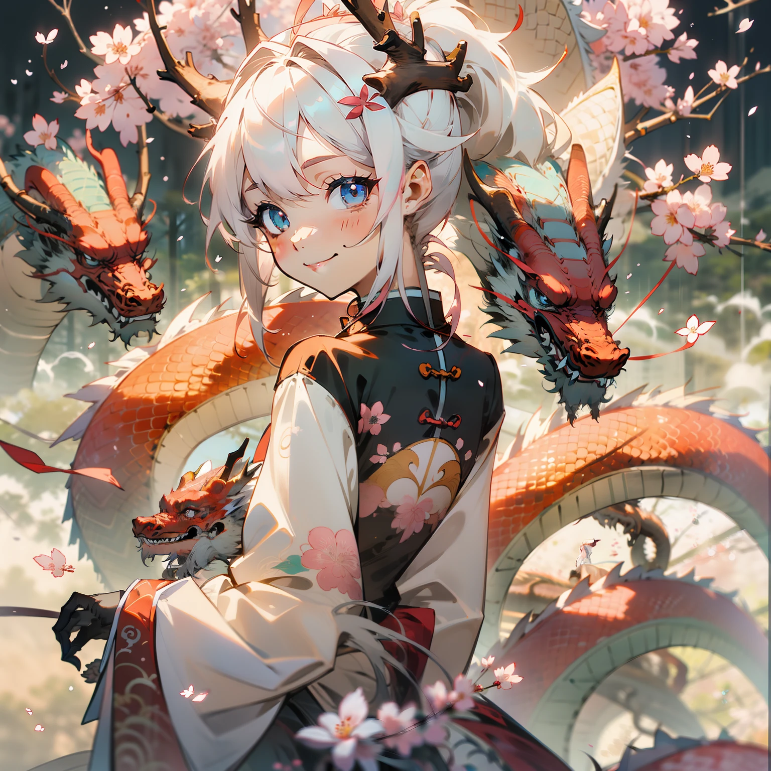 A girl,Hair tied in a high ponytail,white color hair,Wearing a Chinese cheongsam, Pink and white clothes,There are dragon horns of Chinese dragons on the head,back to look back,With a fan in his hand,The fan is white,The fan has a cherry blossom motif,Two-dimensional models,Stand in the middle of the cherry blossom forest,sakura flowers falling,The road is full of falling cherry blossoms,the night,the night,the night,Wear black five-fingered gloves,Take a fan,There are three Chinese dragons coiled beside him,Girls are cute,A high resolution,Pink tail,Stand up,Cup-shaped smiley,4 k hd wallpaper,Two-dimensional model,face ultra detailed,The hands are super detailed