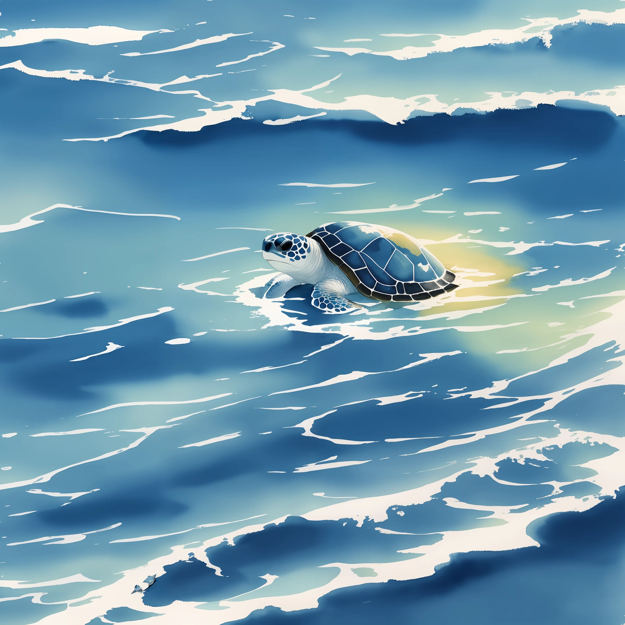 A blue sky with the sun in watercolor, a lone sea turtle lolling on the surface of the sea,