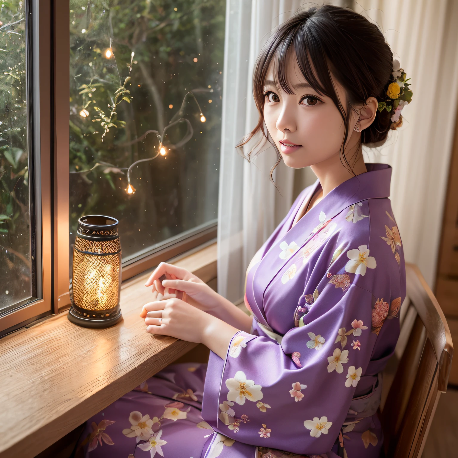 Super delicate、Background with、Fireflies outside the window、2023s、portlate、Soft feel、Wearing a yukata with a floral pattern、cabelos preto e longos、veranda、Seated image、big eye、Cute adult woman、